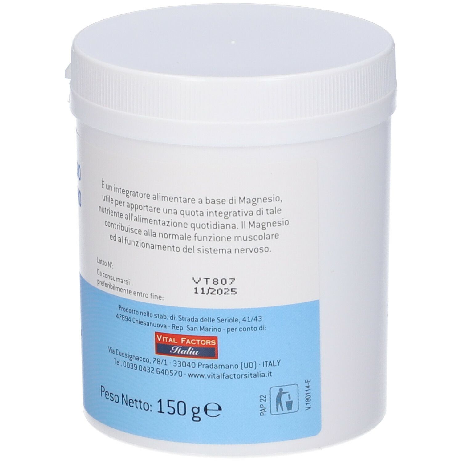 Contenitore bianco con informazioni sul prodotto e logo. Contiene 150 g. Senza glutine.