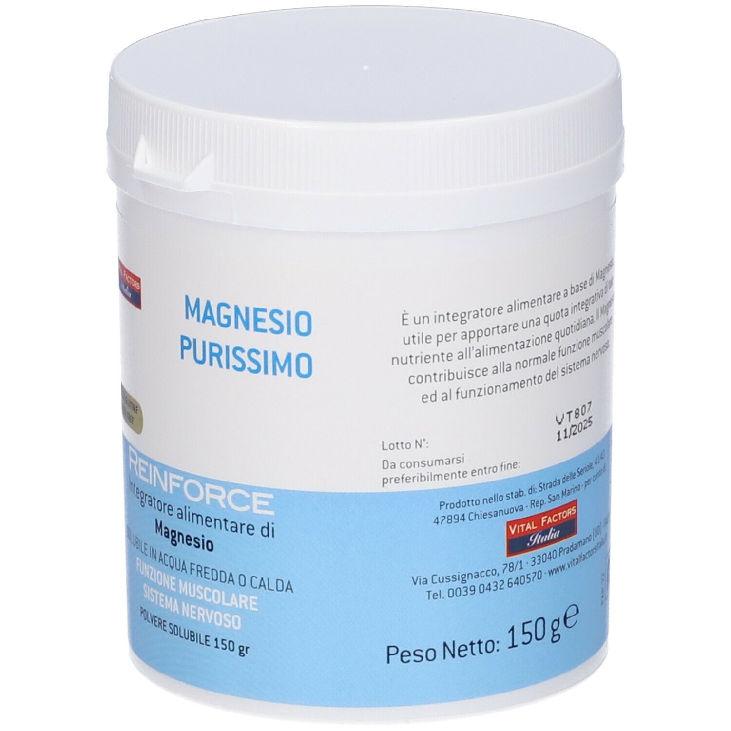Contenitore bianco con nome e logo del prodotto. Contiene 150 g di polvere. Senza glutine.