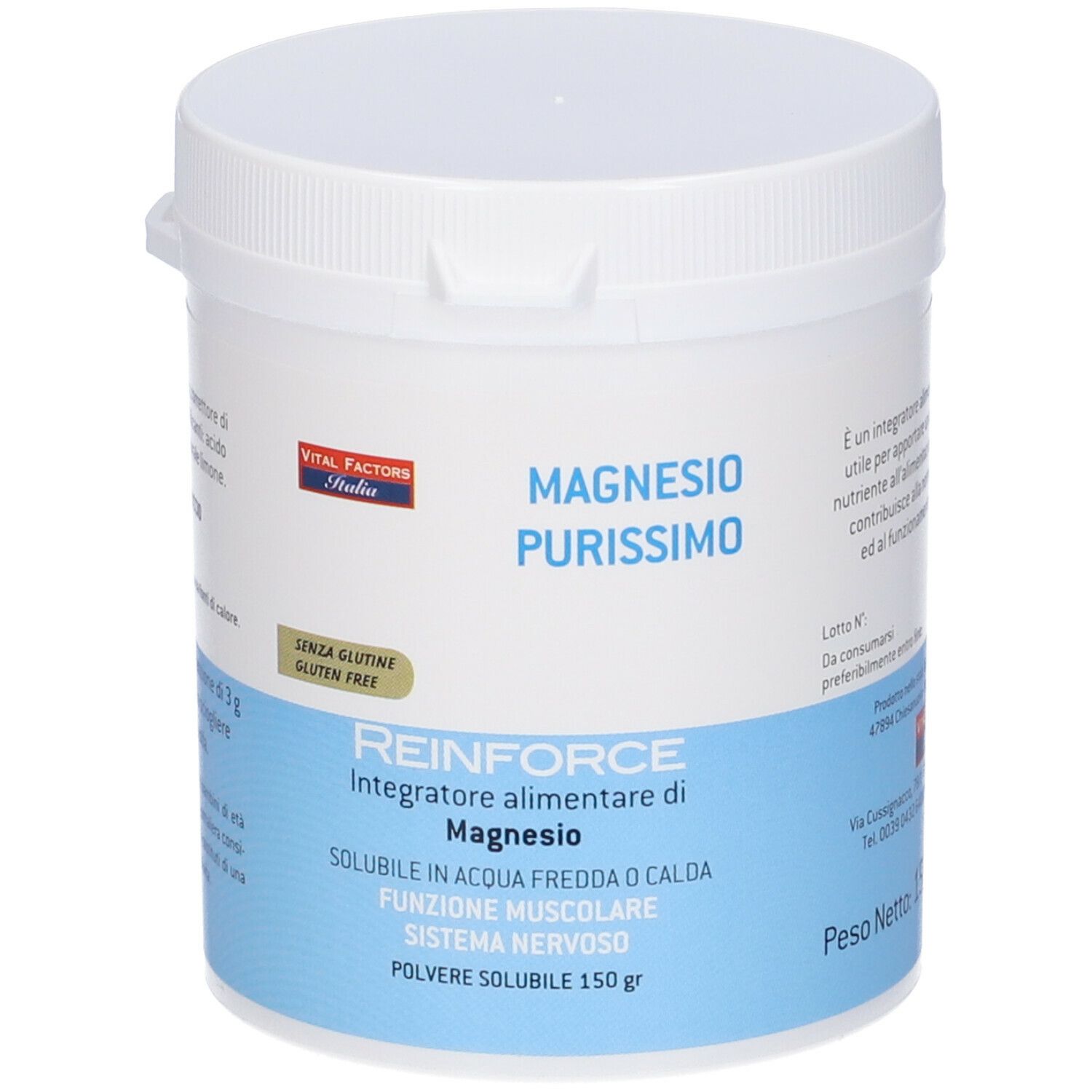 Contenitore bianco con nome e logo del prodotto. Contiene 150 g di polvere. Senza glutine.