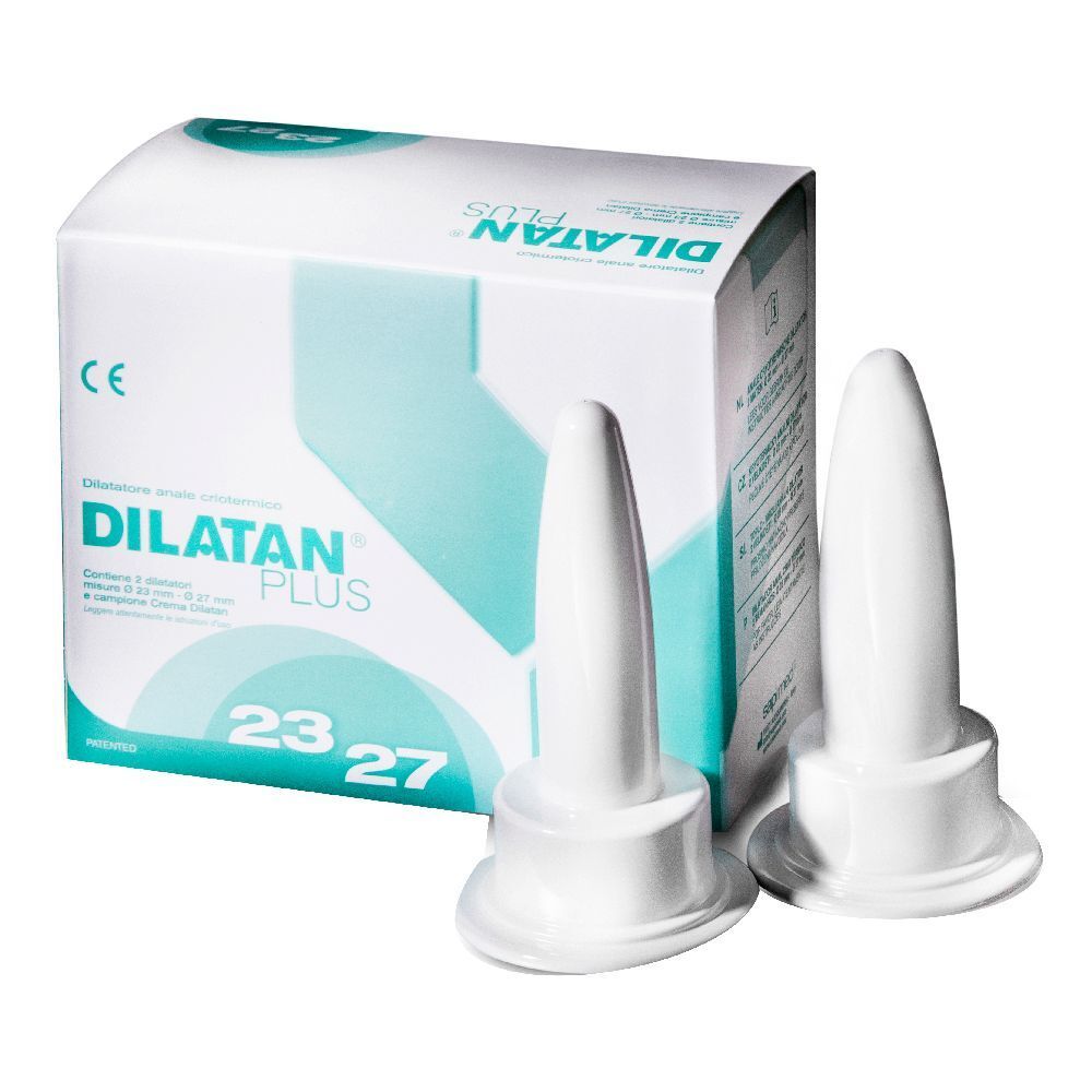 Due dilatatori bianchi e confezione con scritta DILATAN® PLUS, misure 23 e 27.