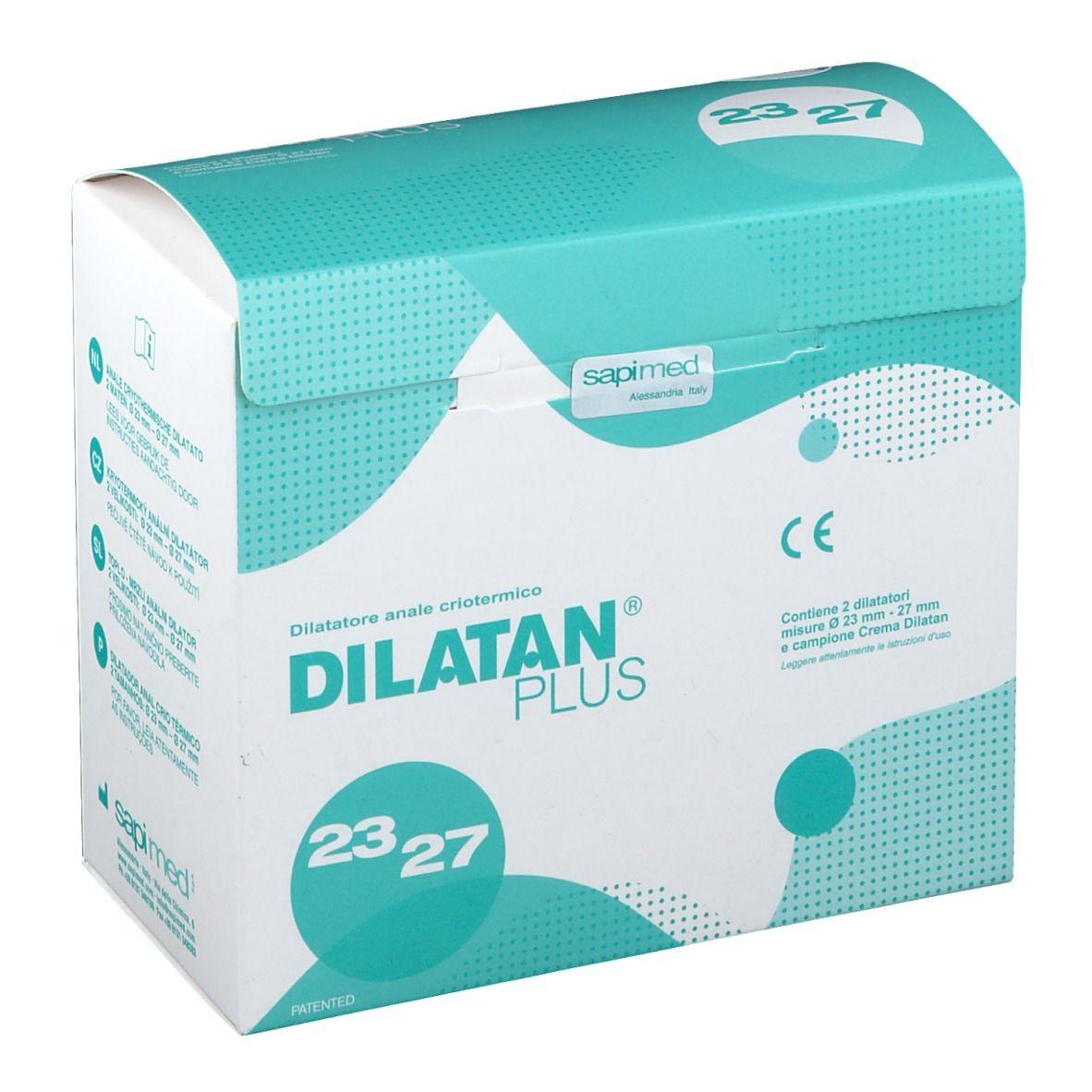 Confezione di DILATAN® PLUS. Scritta: Dilatatore anale criotermico, misure 23/27. Logo CE.