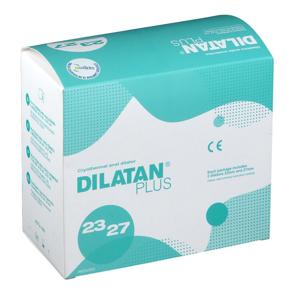 Confezione di DILATAN® PLUS. Scritta: Dilatatore anale criotermico, misure 23/27. Logo CE.