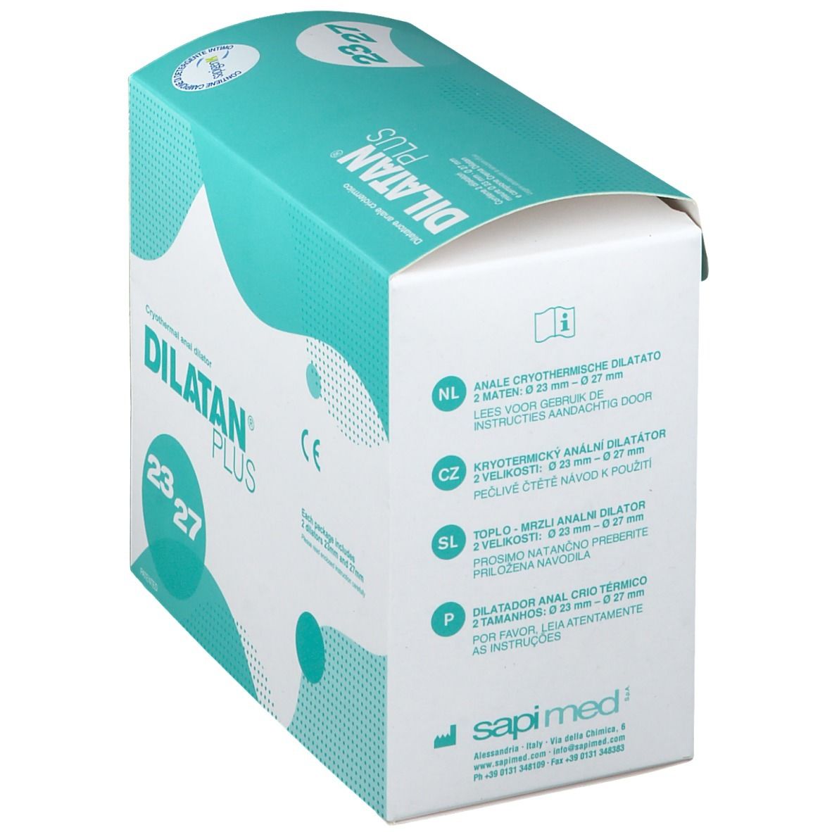 Confezione di DILATAN® PLUS. Scritta: Dilatatore anale criotermico, misure 23/27. Logo CE.