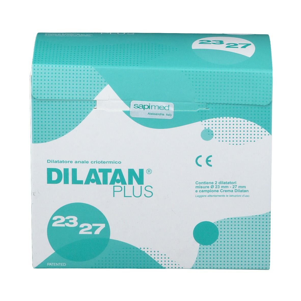 Confezione di DILATAN® PLUS. Scritta: Dilatatore anale criotermico, misure 23/27. Logo CE.