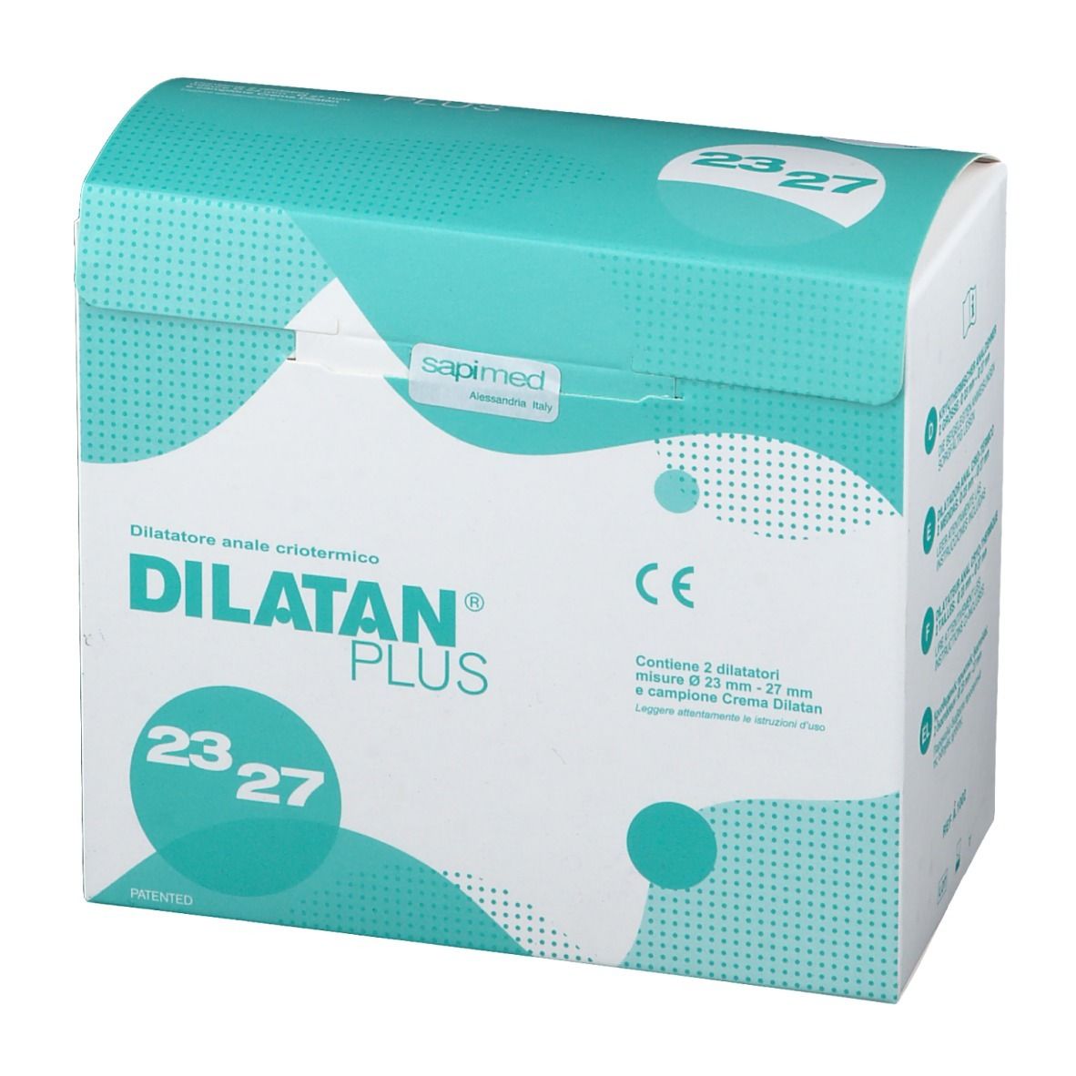 Confezione di DILATAN® PLUS. Scritta: Dilatatore anale criotermico, misure 23/27. Logo CE.