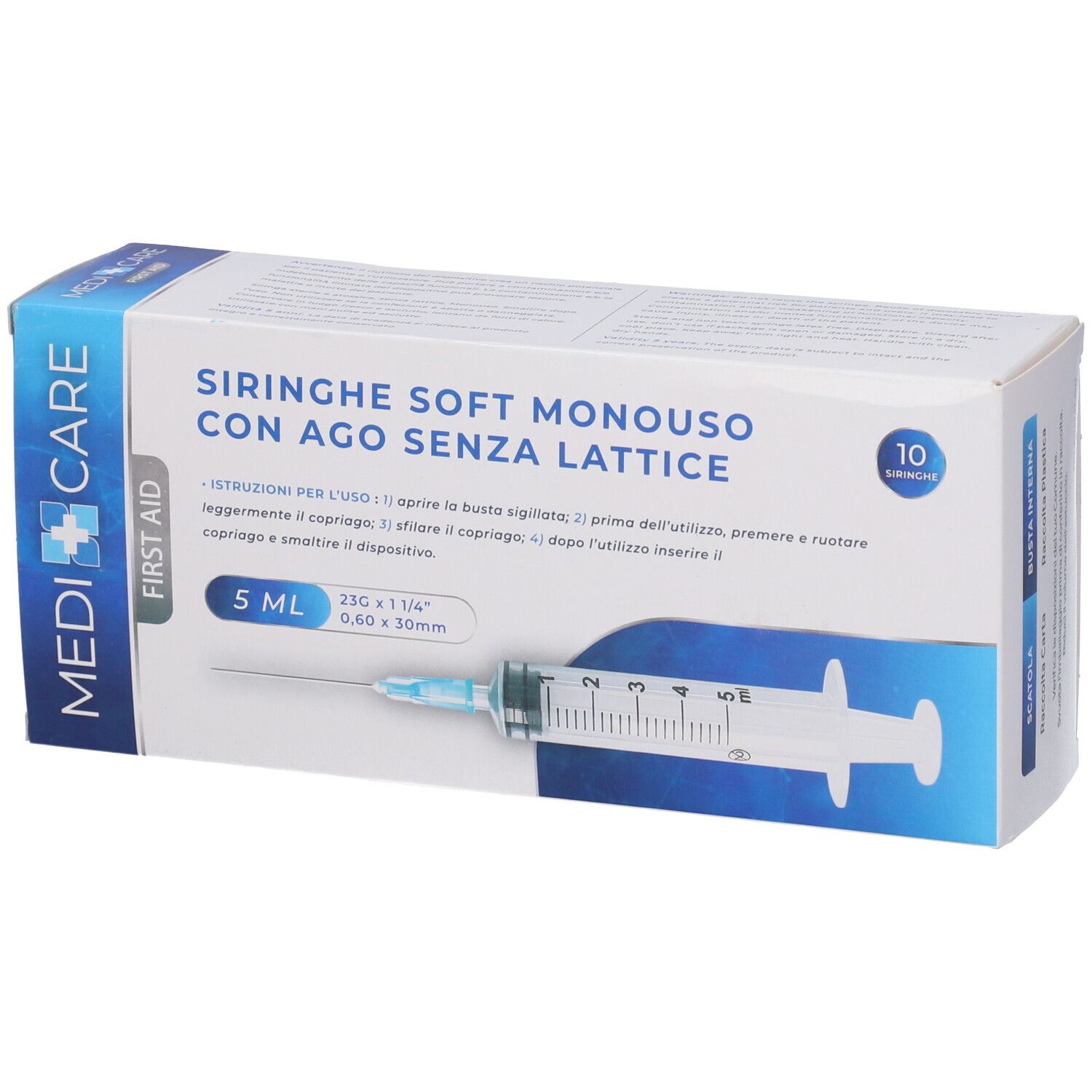 Scatola di siringhe Medi Care. 5 ml, aghi 23G. 10 pezzi. Siringhe monouso morbide senza lattice.