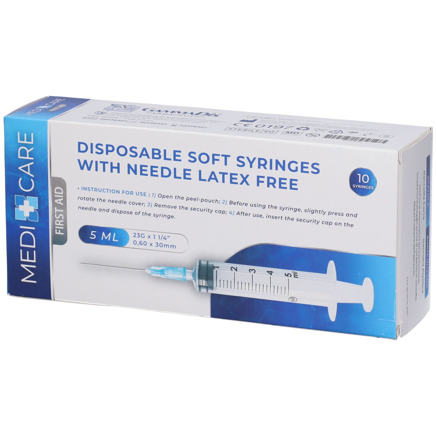 Scatola di siringhe Medi Care. 5 ml, aghi 23G. Siringhe monouso morbide senza lattice. 10 pezzi.