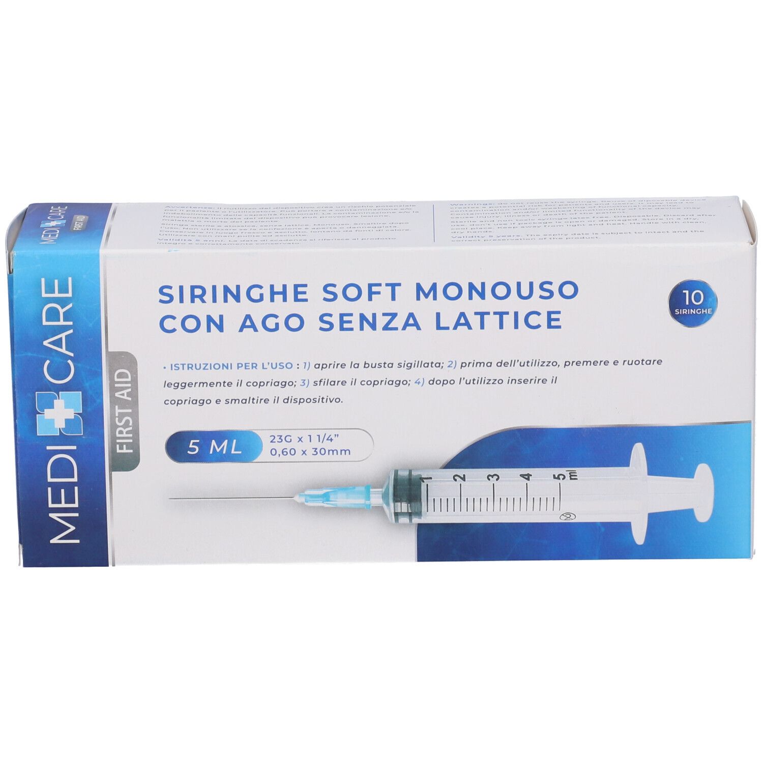 Scatola di siringhe Medi Care. 5 ml, aghi 23G. Siringhe monouso morbide senza lattice. 10 pezzi.