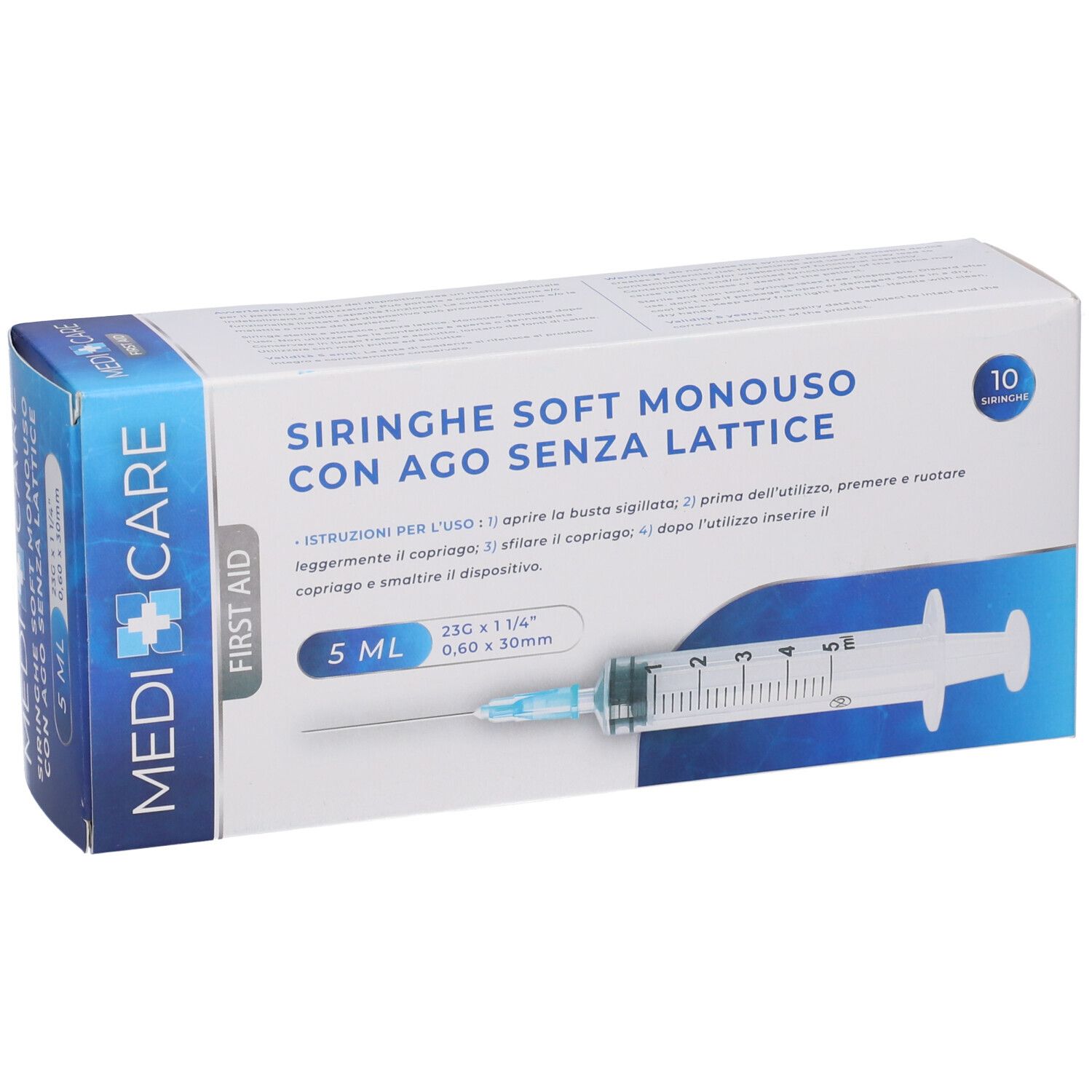 Scatola di siringhe Medi Care. 5 ml, aghi 23G. Siringhe monouso morbide senza lattice. 10 pezzi.