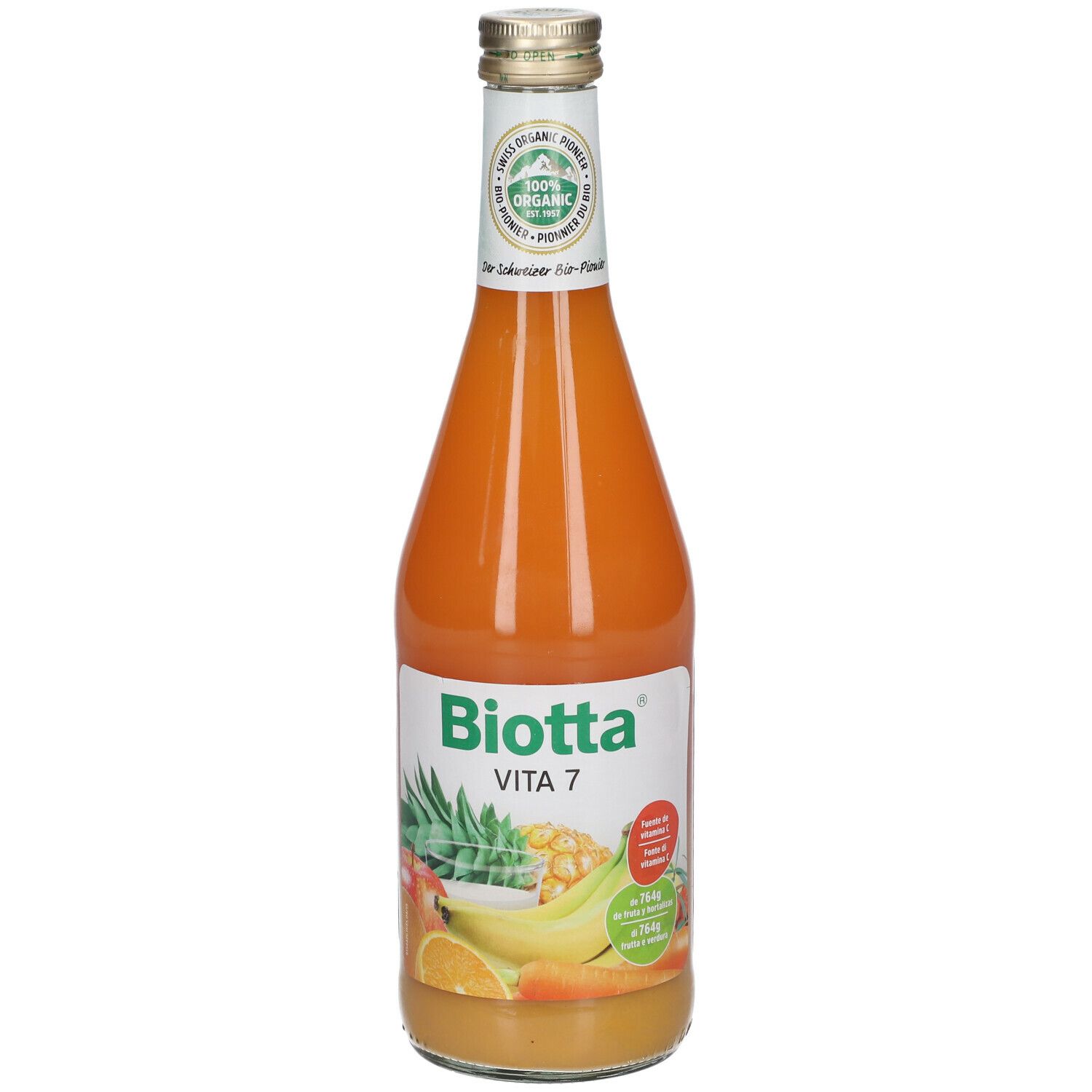 Bottiglia di succo Biotta Vita 7. Bottiglia di vetro con etichetta, sigillo bio. Illustrazioni di frutta. Succo arancione. 100% Organic.