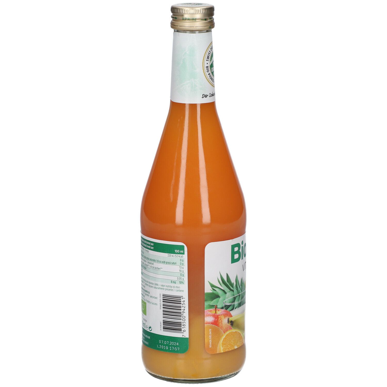 Bottiglia di succo Biotta Vita 7, retro. Etichetta con informazioni nutrizionali e sigillo bio. Succo arancione in bottiglia di vetro.