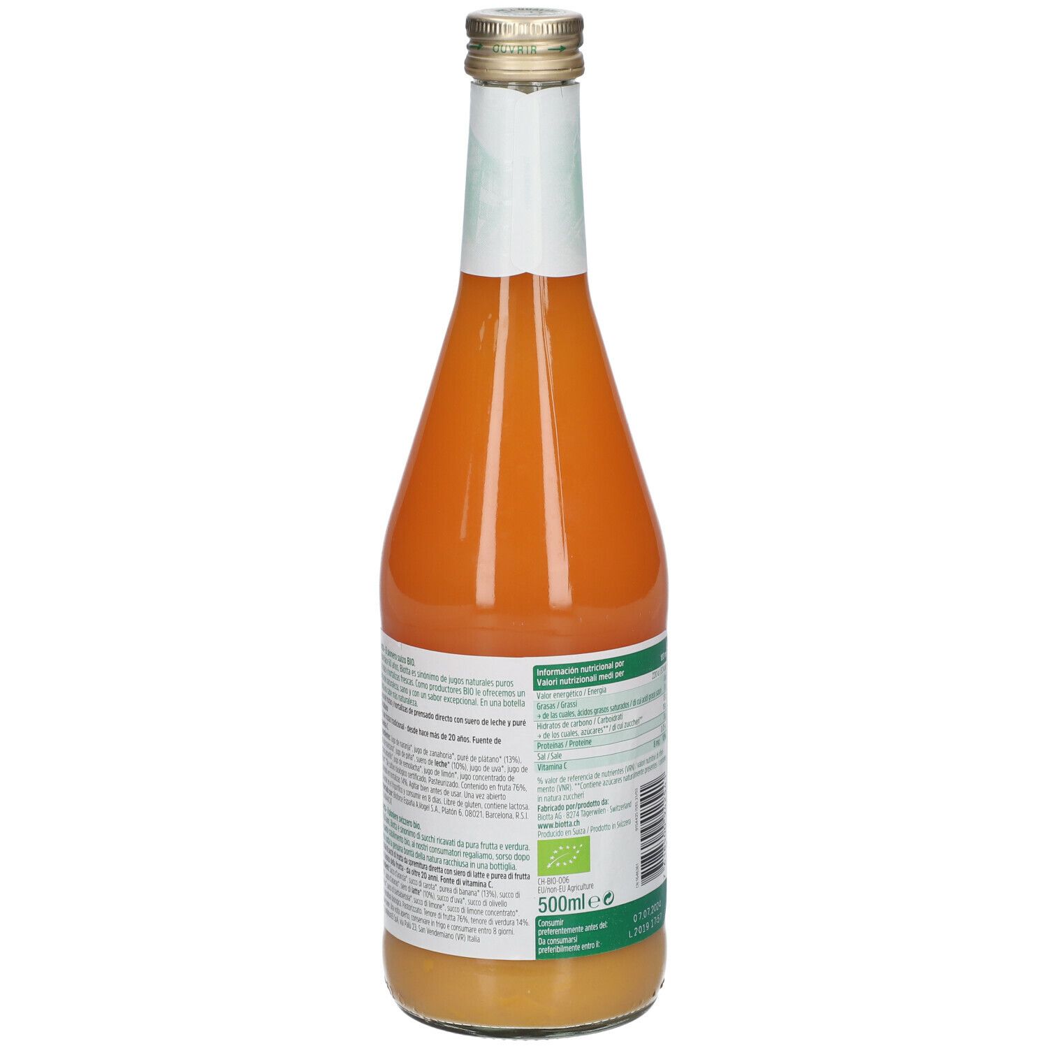 Bottiglia di succo Biotta Vita 7, retro. Etichetta con informazioni nutrizionali e sigillo bio. 500ml. Succo arancione.