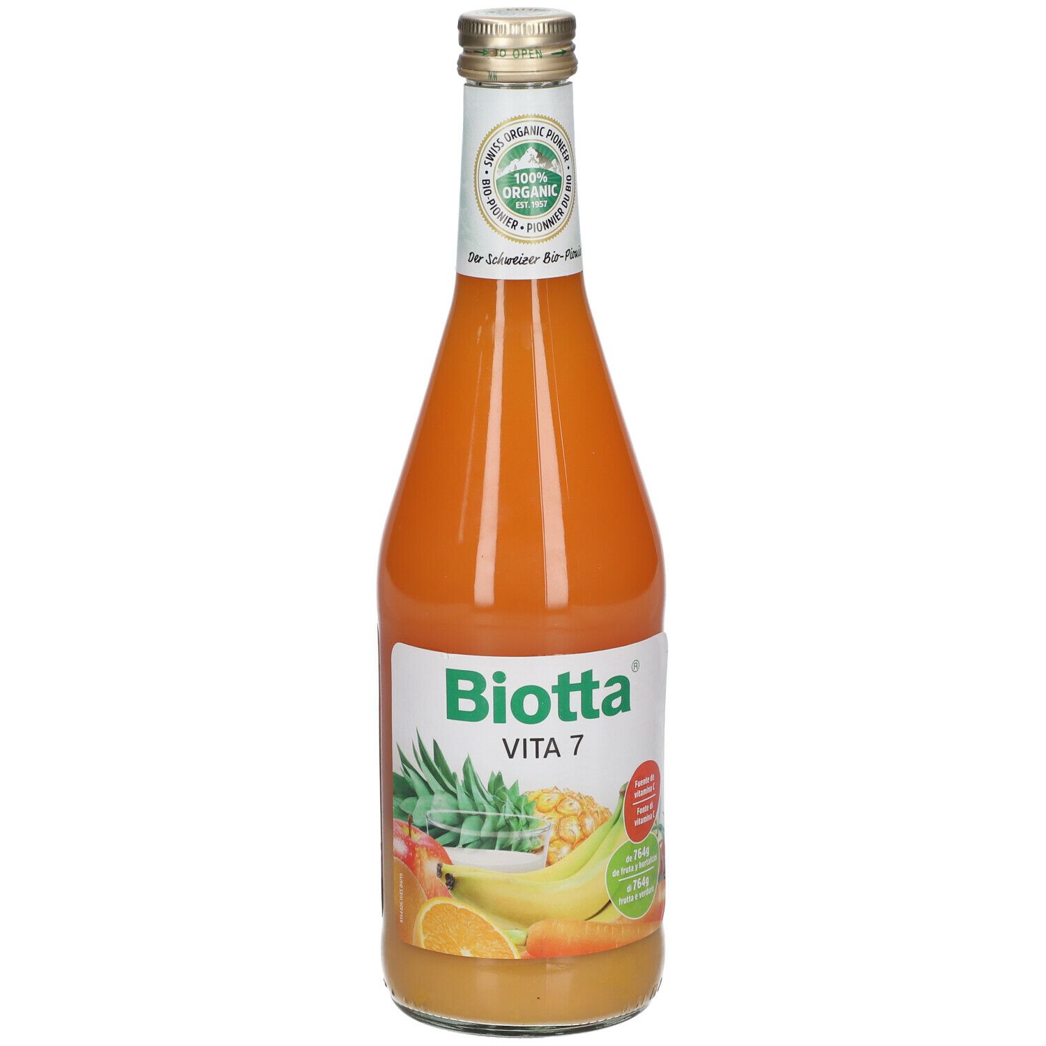 Bottiglia di succo Biotta Vita 7. Bottiglia di vetro con etichetta, sigillo bio. Illustrazioni di frutta. Succo arancione.