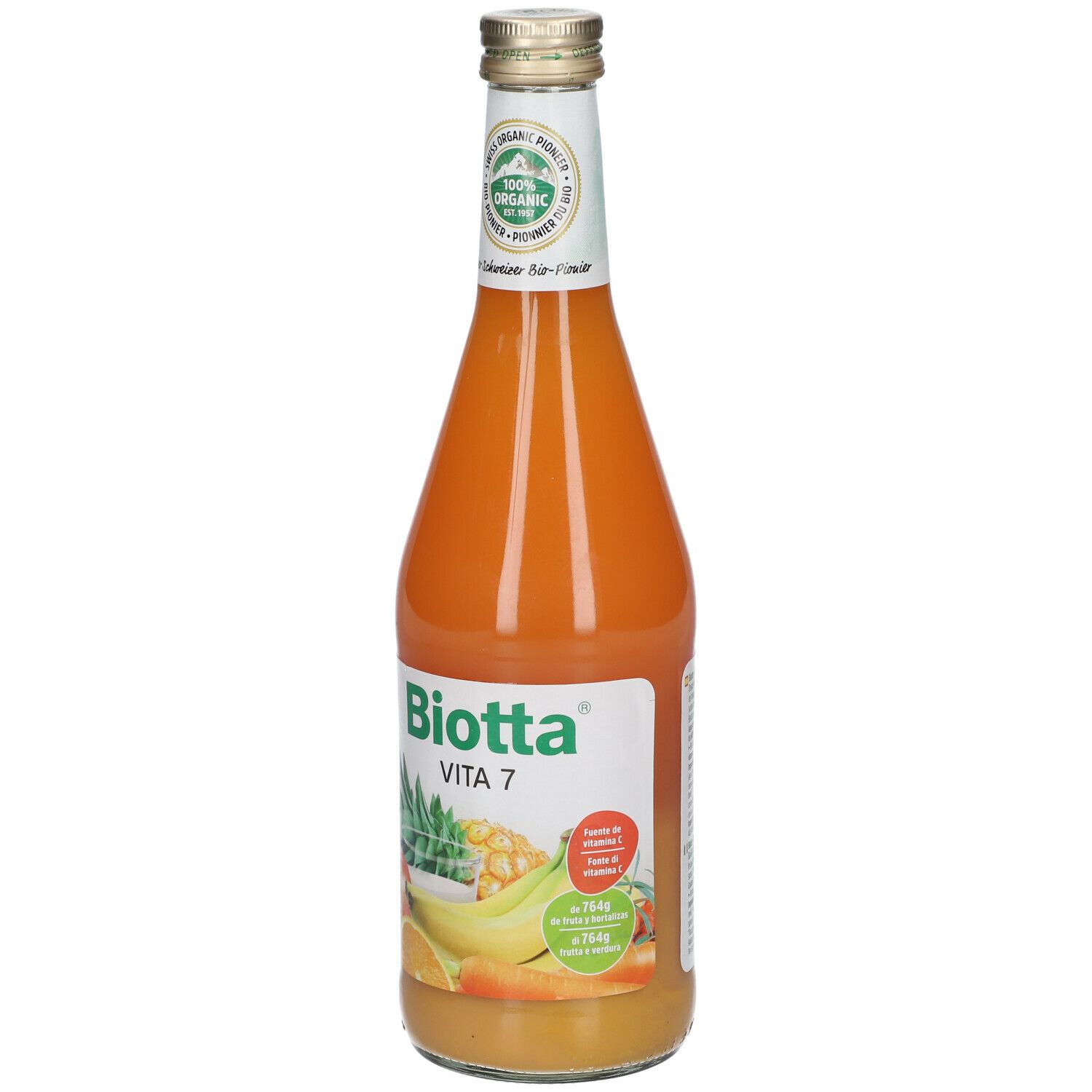 Bottiglia di succo Biotta Vita 7. Bottiglia di vetro con etichetta, sigillo bio. Illustrazioni di frutta. Succo arancione. 750g.