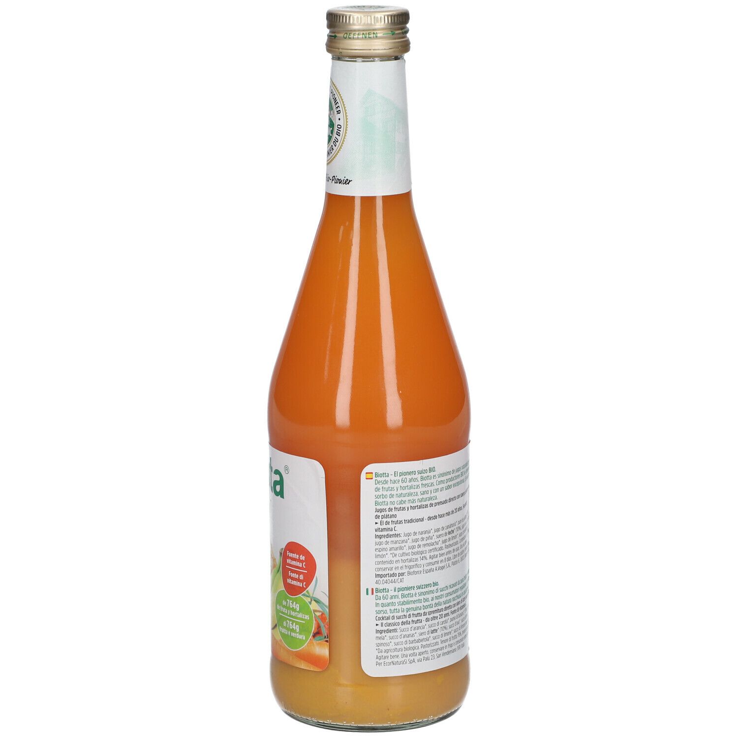 Bottiglia di succo Biotta Vita 7, retro. Etichetta con informazioni nutrizionali e sigillo bio. Succo arancione.