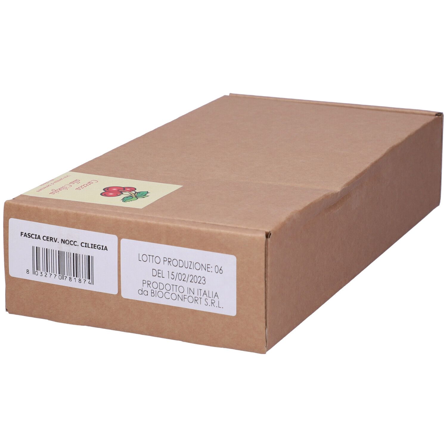 Confezione in cartone marrone con etichetta e codice a barre.