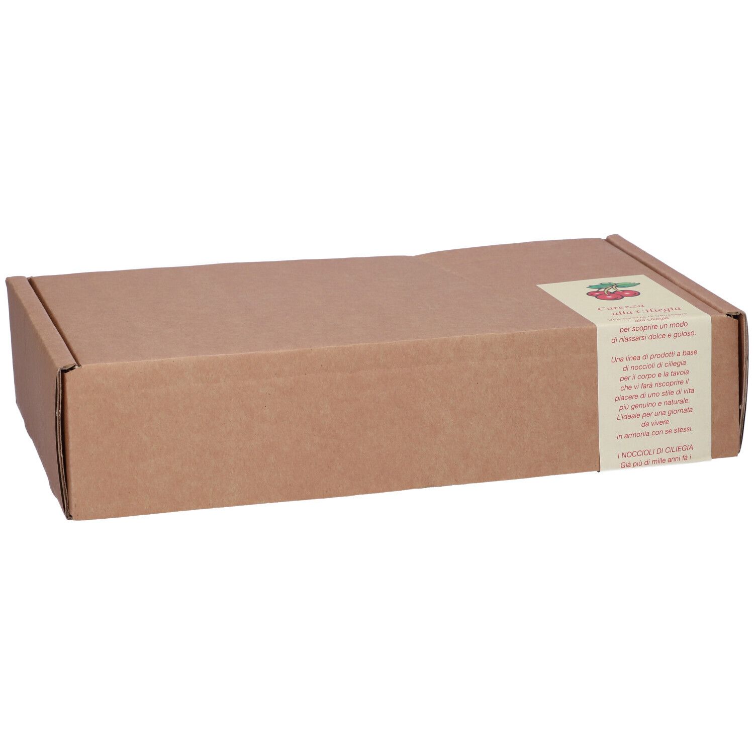 Confezione in cartone marrone con adesivo. Testo in italiano.