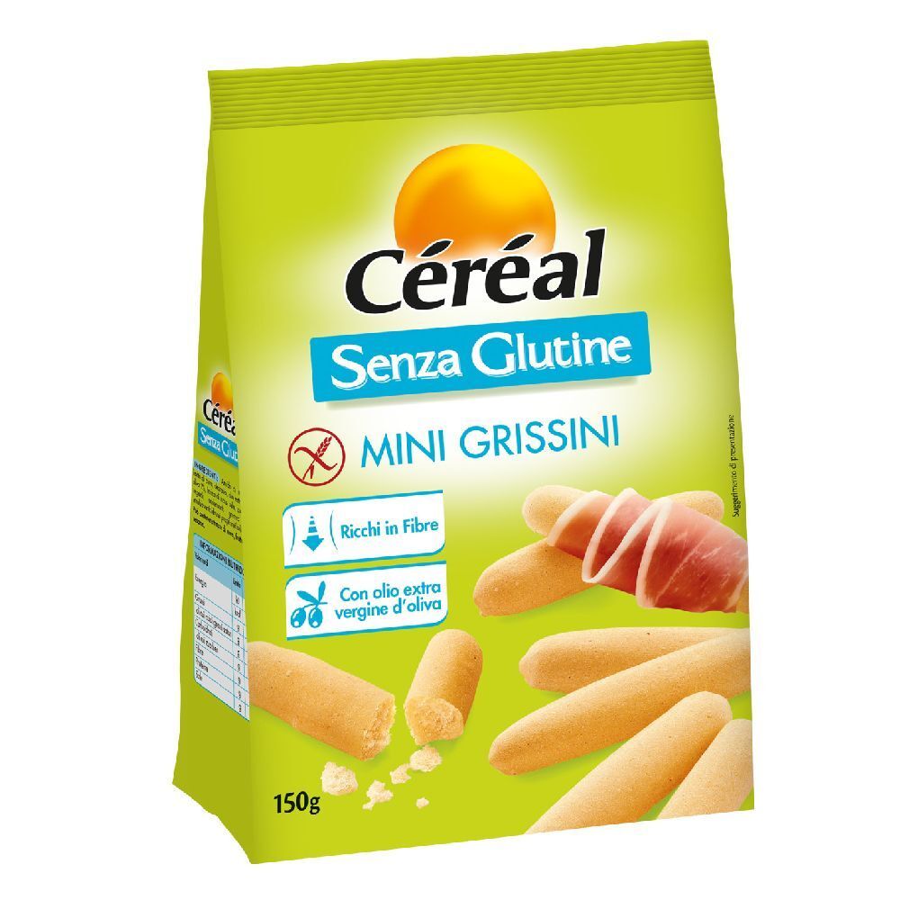 Confezione di Mini Grissini. Scritta: Céréal, Senza Glutine, Mini Grissini, 150g. Senza glutine, ricchi di fibre, con olio extra vergine d'oliva.
