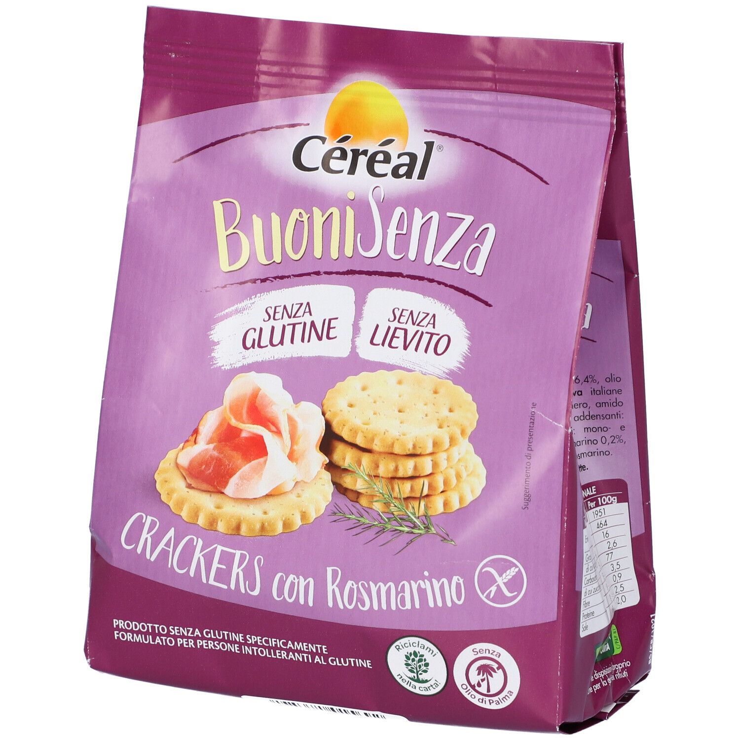 Confezione di cracker Céréal Senza Glutine al rosmarino. Scritte: Buoni Senza, senza glutine, senza lievito.