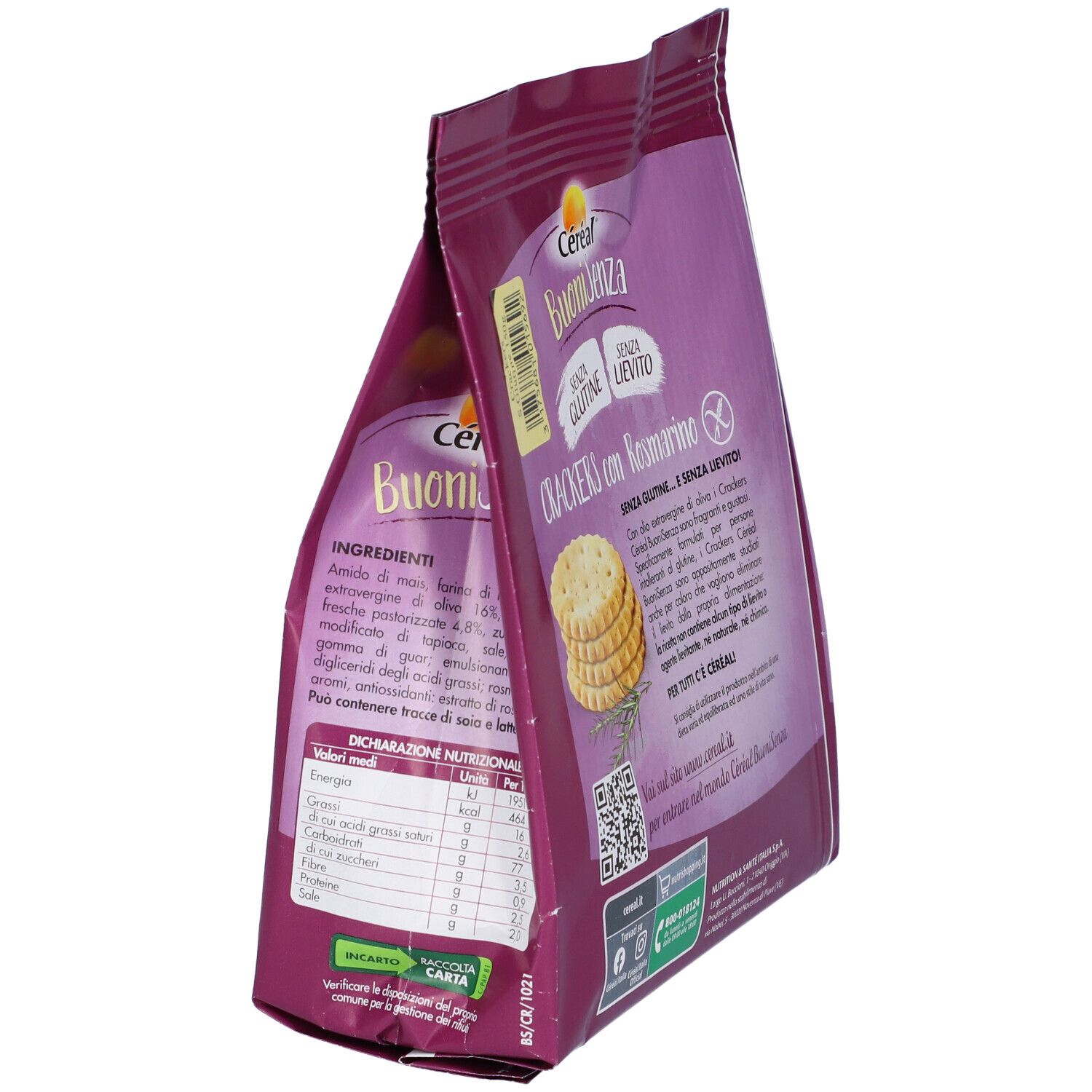 Confezione di cracker Céréal Senza Glutine al rosmarino. Scritte: Buoni Senza, senza glutine, senza lievito. Informazioni nutrizionali.