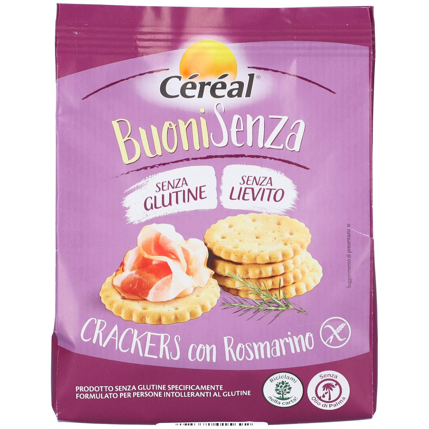 Confezione di cracker Céréal Senza Glutine al rosmarino. Scritte: Buoni Senza, senza glutine, senza lievito. Senza glutine.