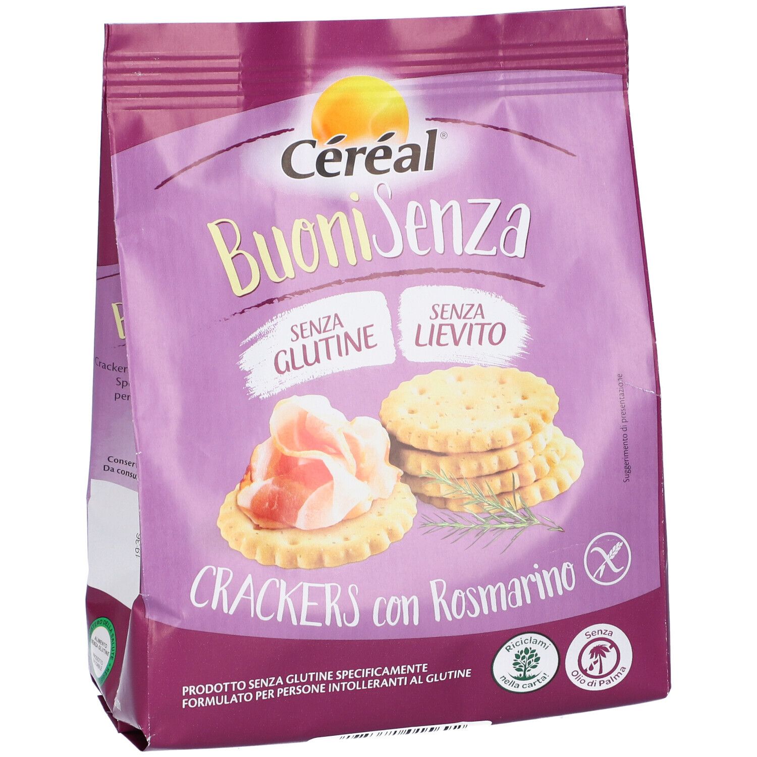 Confezione di cracker Céréal Senza Glutine al rosmarino. Scritte: Buoni Senza, senza glutine, senza lievito. Senza glutine.