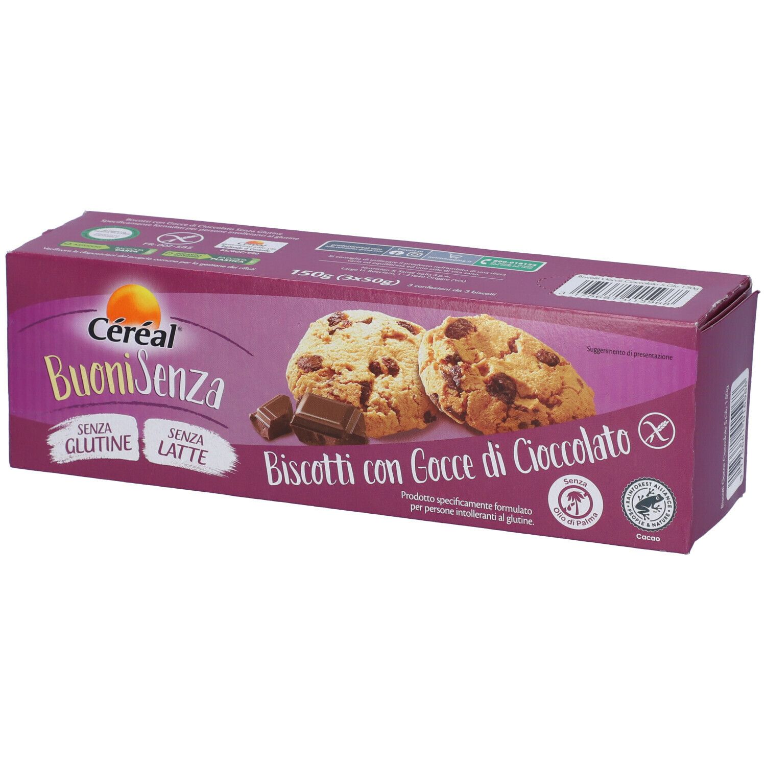 Confezione di biscotti Céréal BuoniSenza senza glutine e lattosio. Immagine: biscotti con gocce di cioccolato e cioccolato.