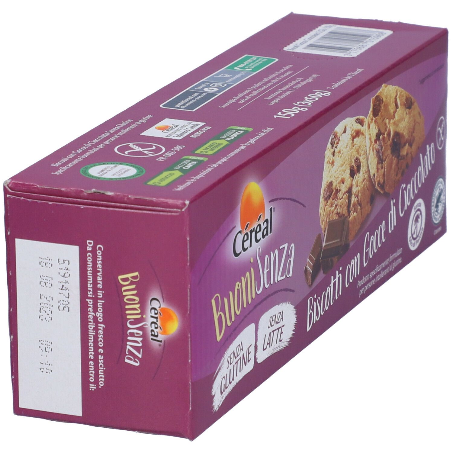 Vista obliqua della confezione. Scritta: Céréal BuoniSenza, senza glutine, senza lattosio. Stampa: biscotti con gocce di cioccolato.