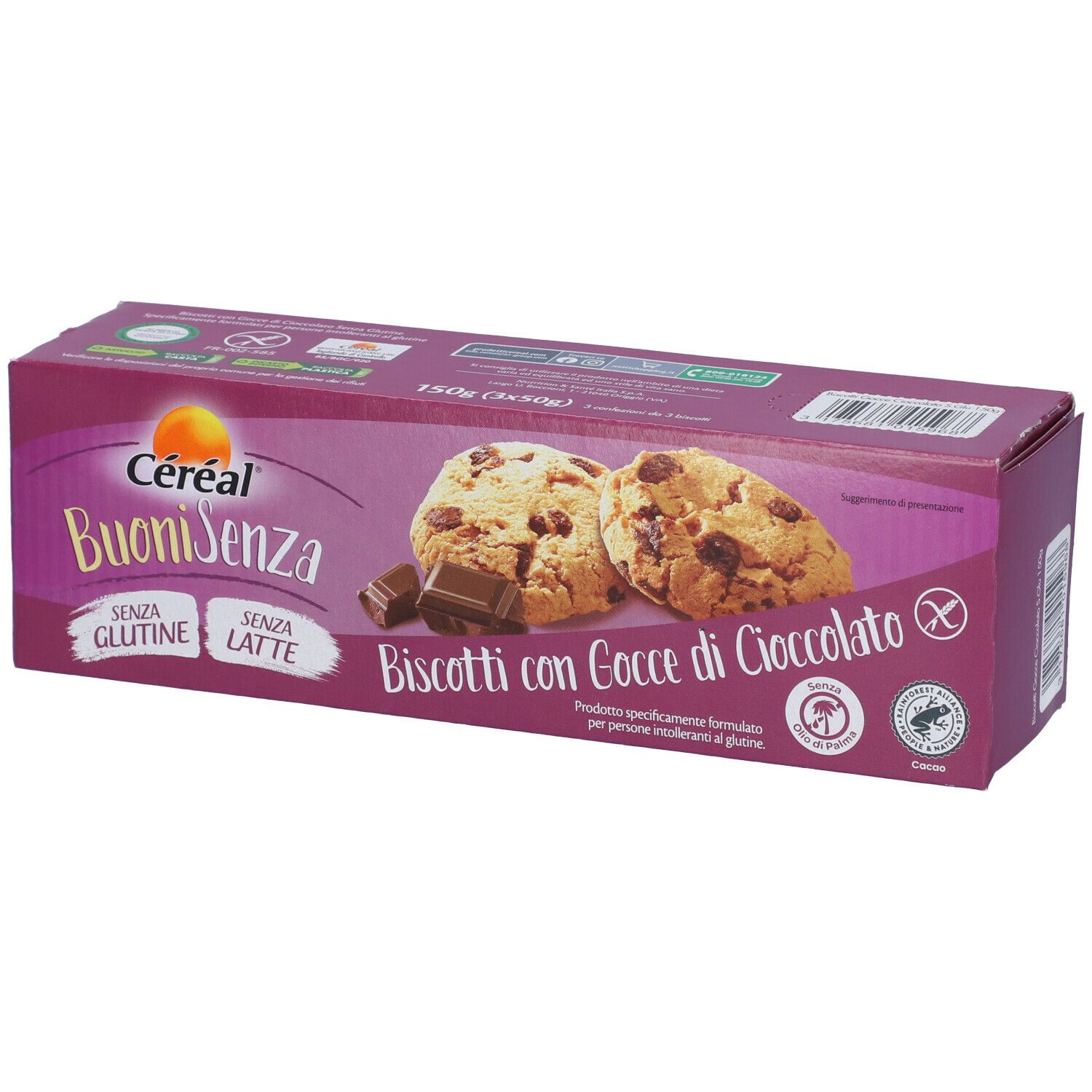 Confezione di biscotti Céréal BuoniSenza senza glutine e lattosio. Immagine: biscotti con gocce di cioccolato e cioccolato.