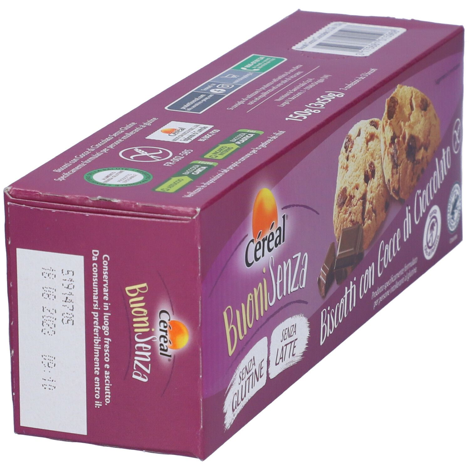 Vista obliqua della confezione. Scritta: Céréal BuoniSenza, senza glutine, senza lattosio. Stampa: biscotti con gocce di cioccolato.
