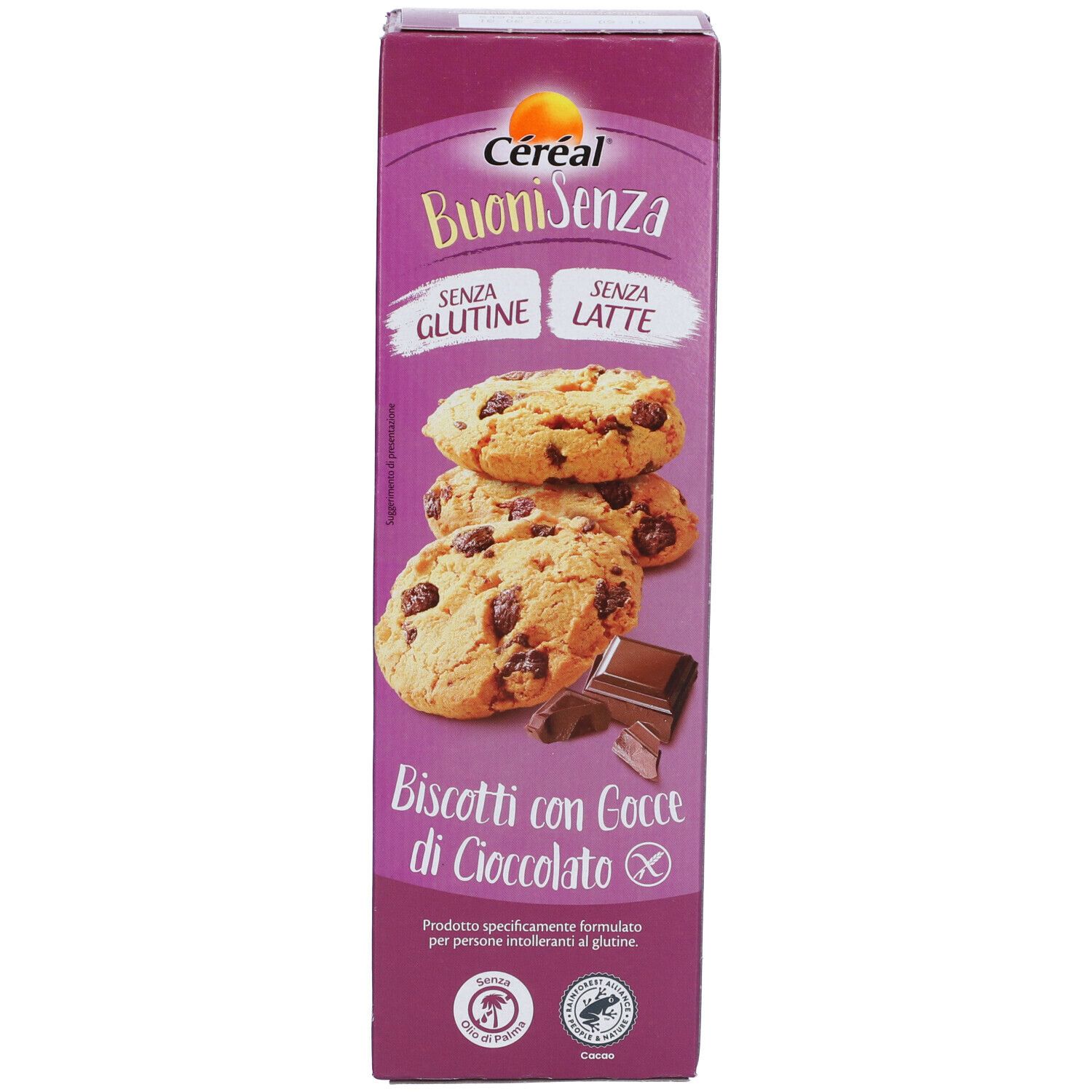Confezione verticale di biscotti Céréal BuoniSenza senza glutine e lattosio. Immagine: biscotti con gocce di cioccolato.