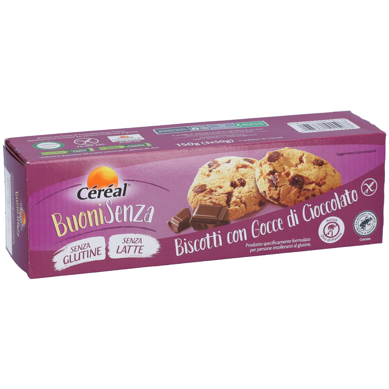 Confezione di biscotti Céréal BuoniSenza senza glutine e lattosio. Immagine: biscotti con gocce di cioccolato e cioccolato.