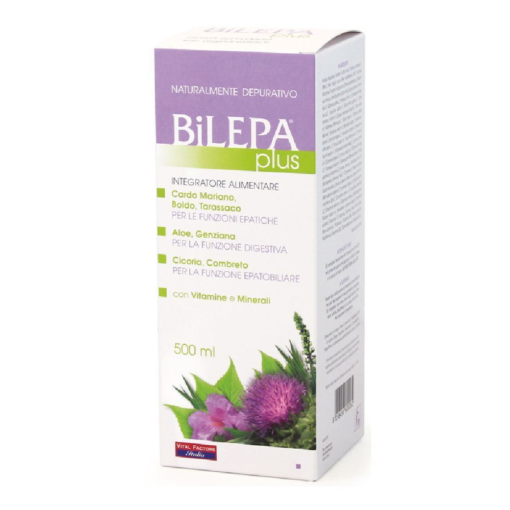 Scatola di Bilepa Plus. Scritta: 500 ml, ingredienti, logo.