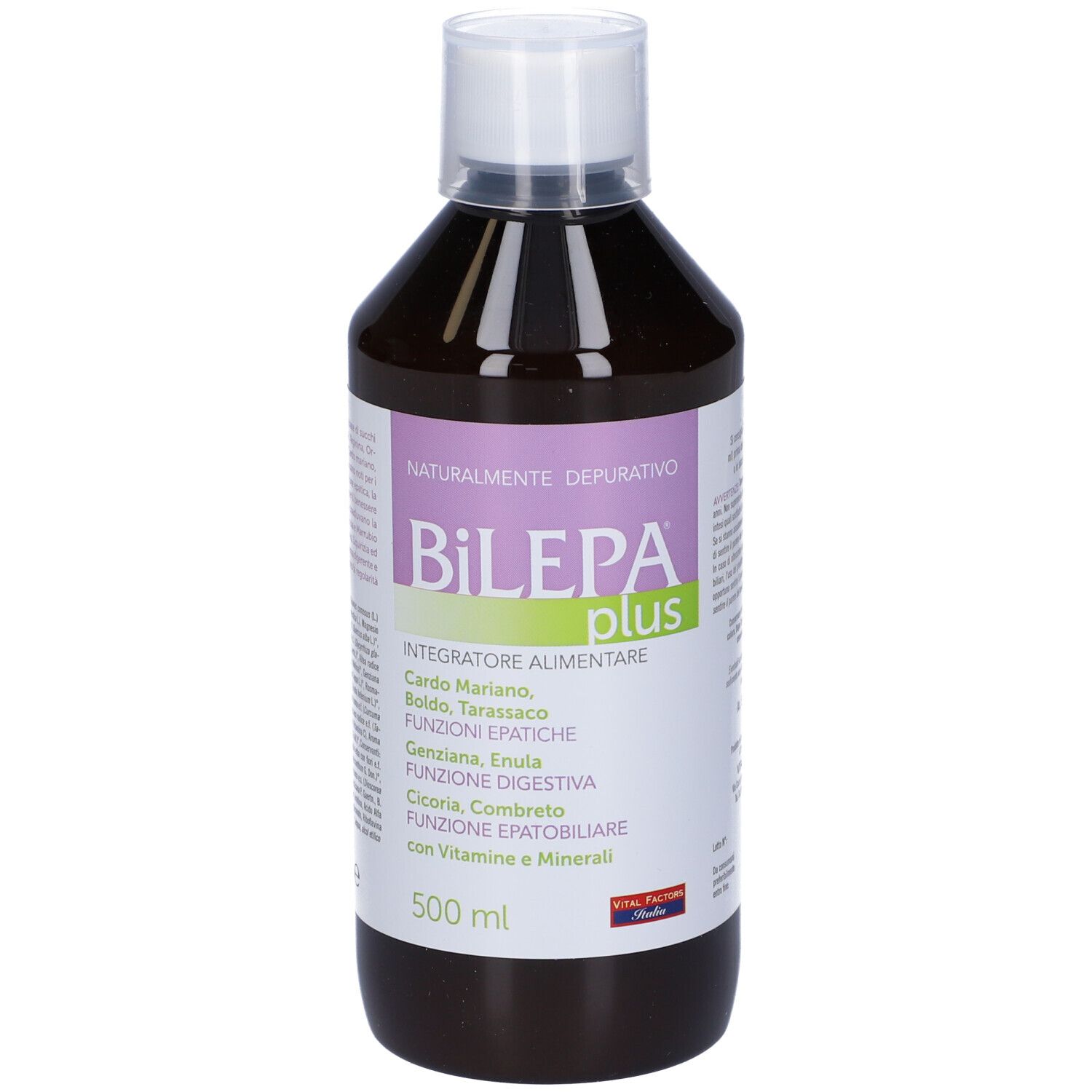 Bottiglia di Bilepa Plus con tappo bianco. Scritta: 500 ml, ingredienti, logo.