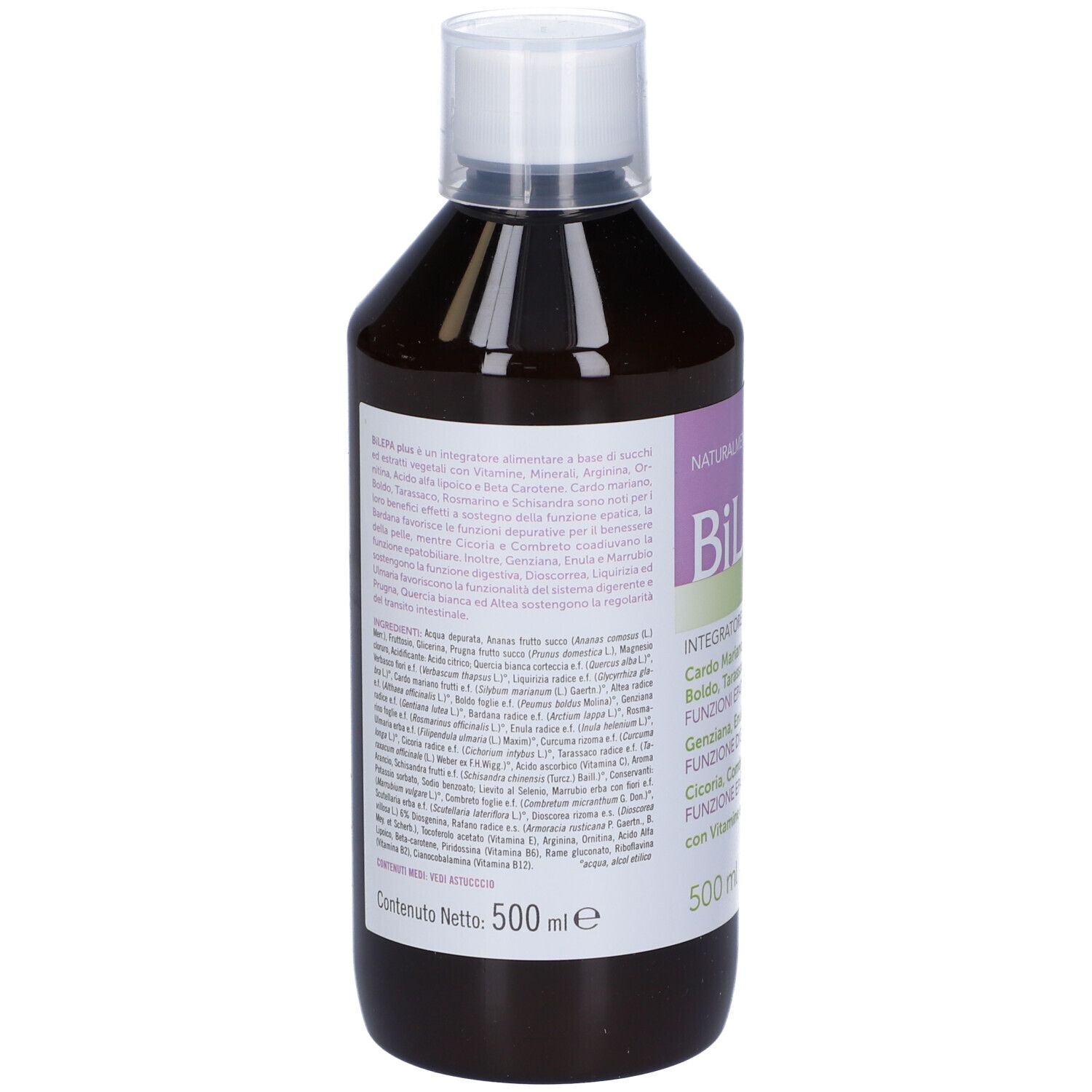Bottiglia di Bilepa Plus con tappo bianco. Scritta: 500 ml, ingredienti, logo.