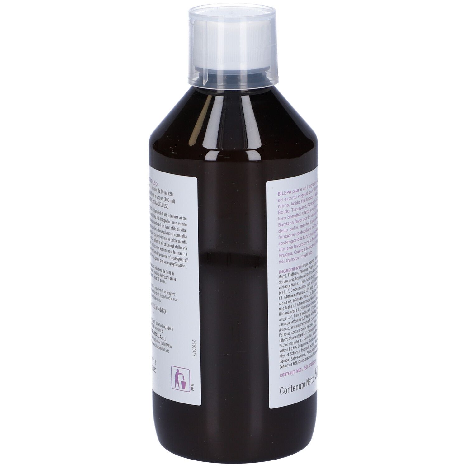 Bottiglia di Bilepa Plus con tappo bianco. Scritta: 500 ml, ingredienti, logo.