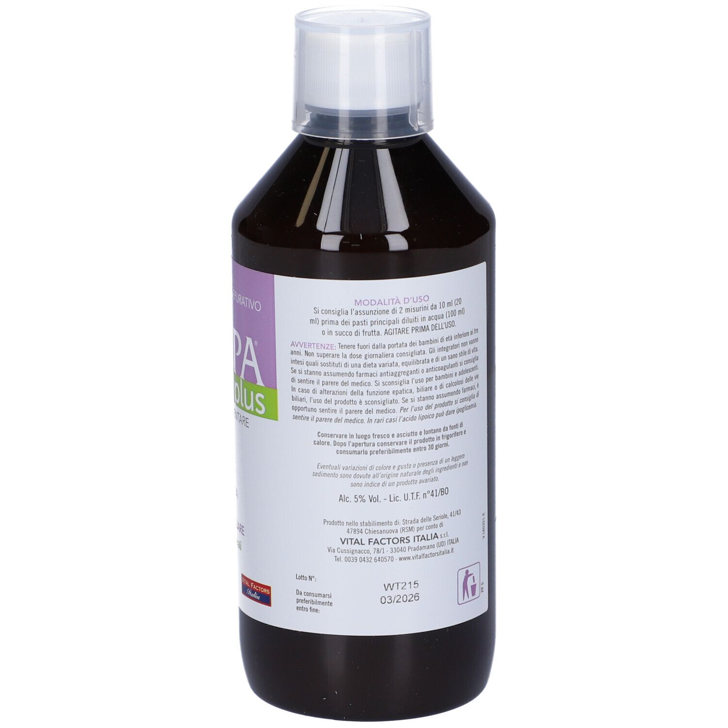 Bottiglia di Bilepa Plus con tappo bianco. Scritta: 500 ml, ingredienti, logo.
