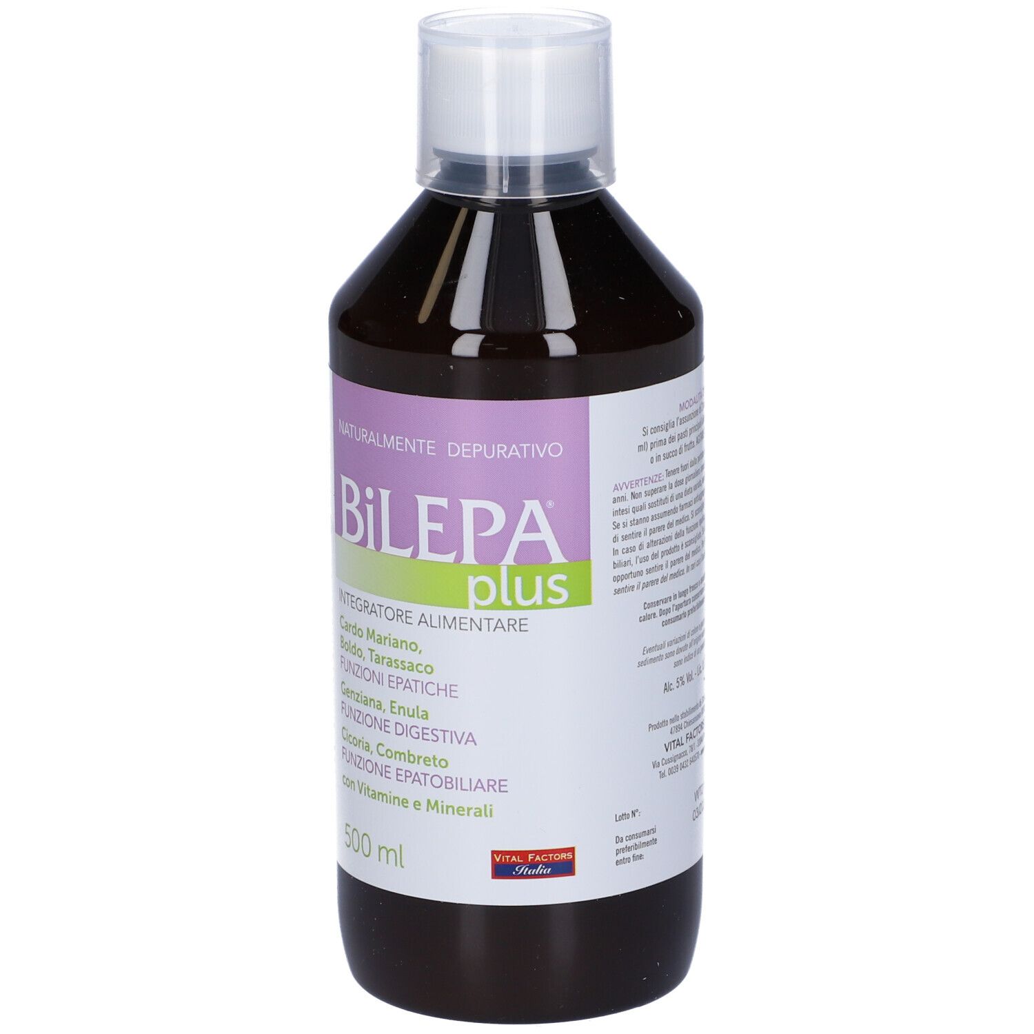 Bottiglia di Bilepa Plus con tappo bianco. Scritta: 500 ml, ingredienti, logo.