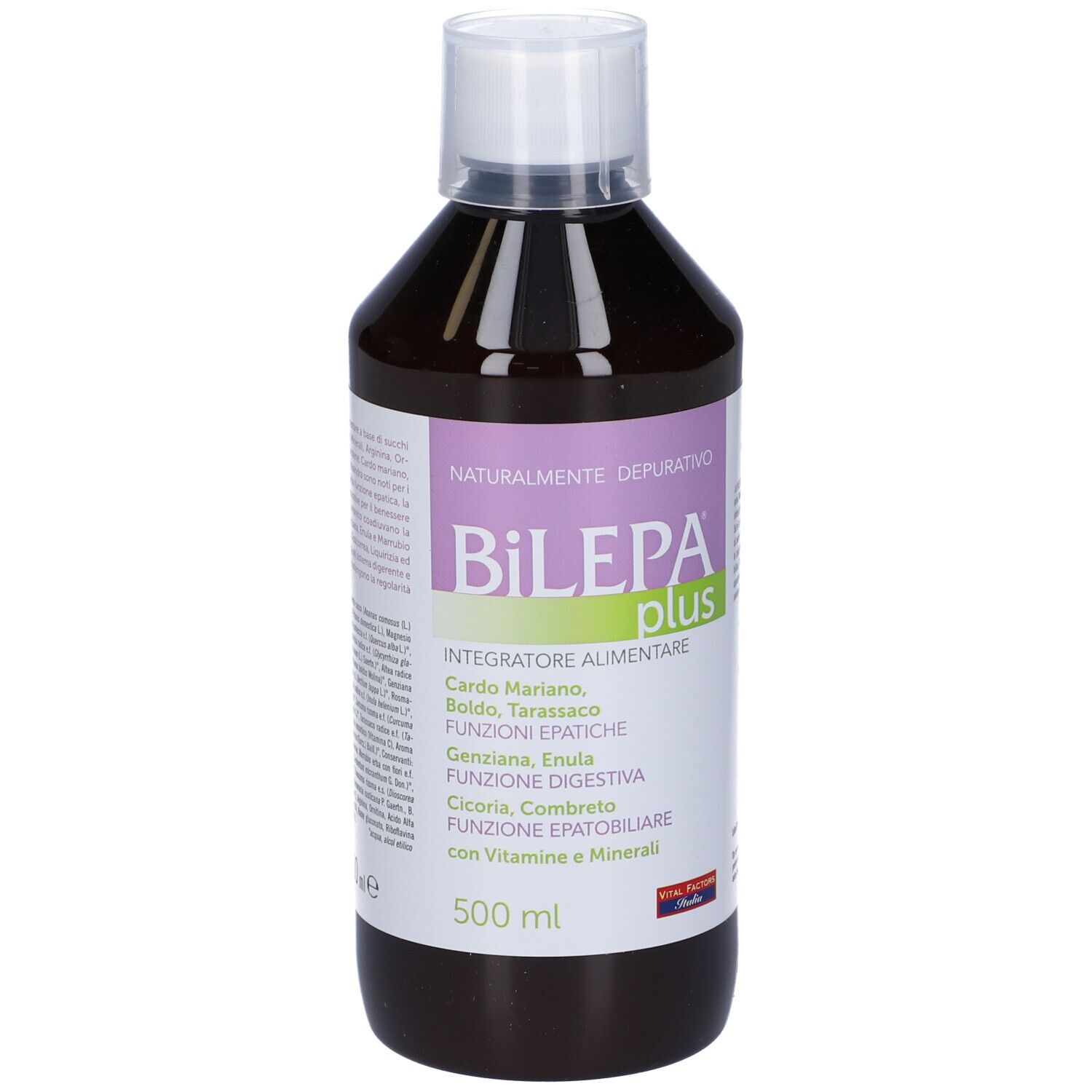 Bottiglia di Bilepa Plus con tappo bianco. Scritta: 500 ml, ingredienti, logo.