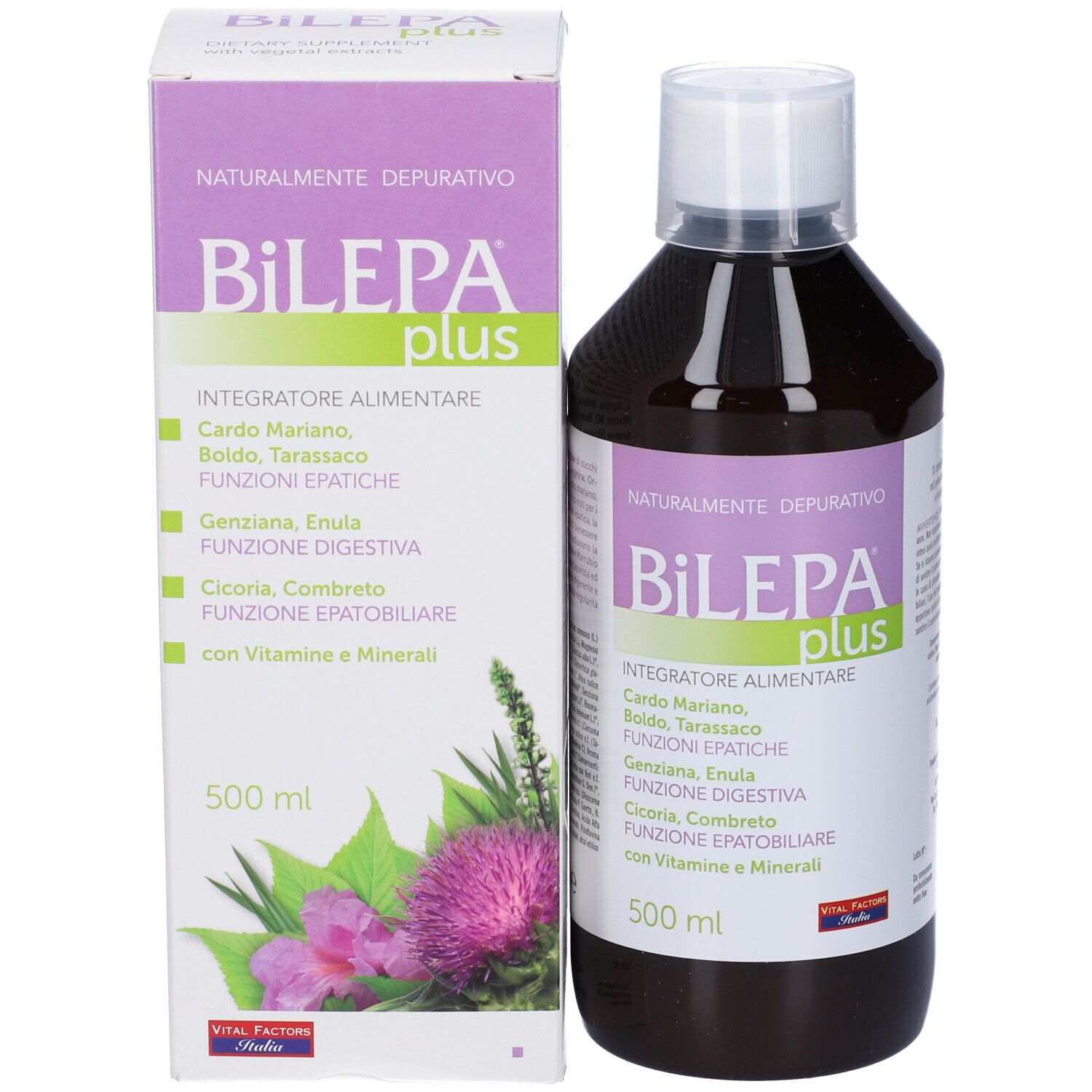 Bottiglia e scatola di Bilepa Plus. Scritta: 500 ml, ingredienti, logo.