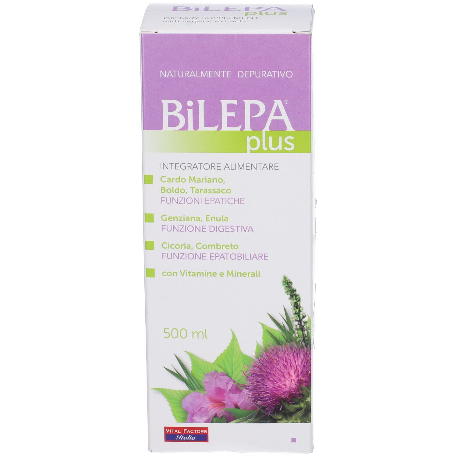 Scatola di Bilepa Plus. Scritta: 500 ml, ingredienti, logo.