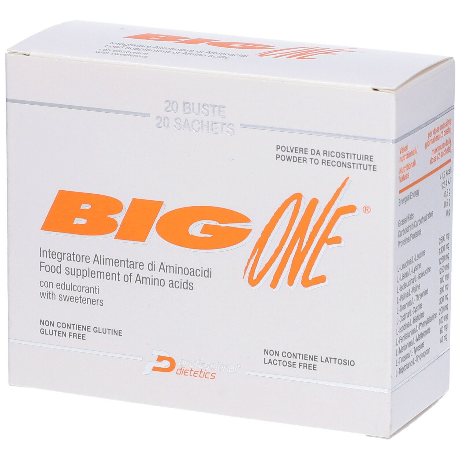 Scatola bianca con scritta arancione "BIG ONE" e testo. Contiene 20 bustine.