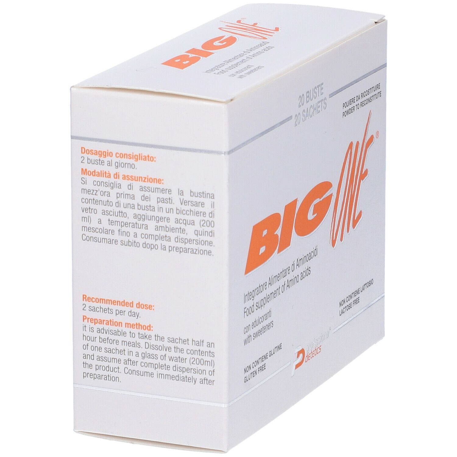 Scatola bianca con scritta arancione "BIG ONE" e testo. Contiene 20 bustine. Lato con istruzioni per l'uso.