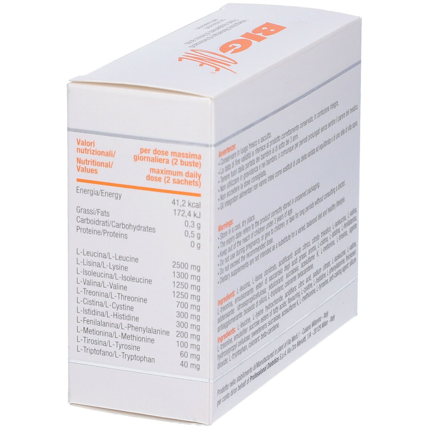 Scatola bianca con scritta arancione "BIG ONE" e testo. Lato con valori nutrizionali.