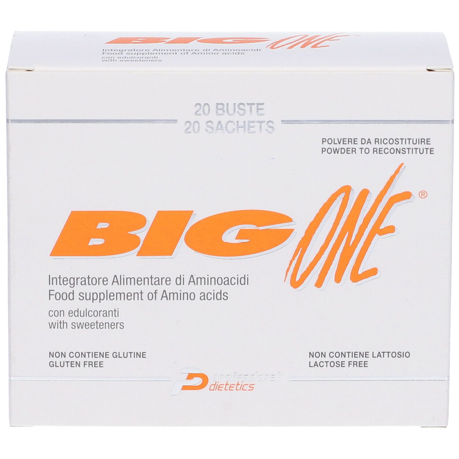 Scatola bianca con scritta arancione "BIG ONE" e testo. Contiene 20 bustine.
