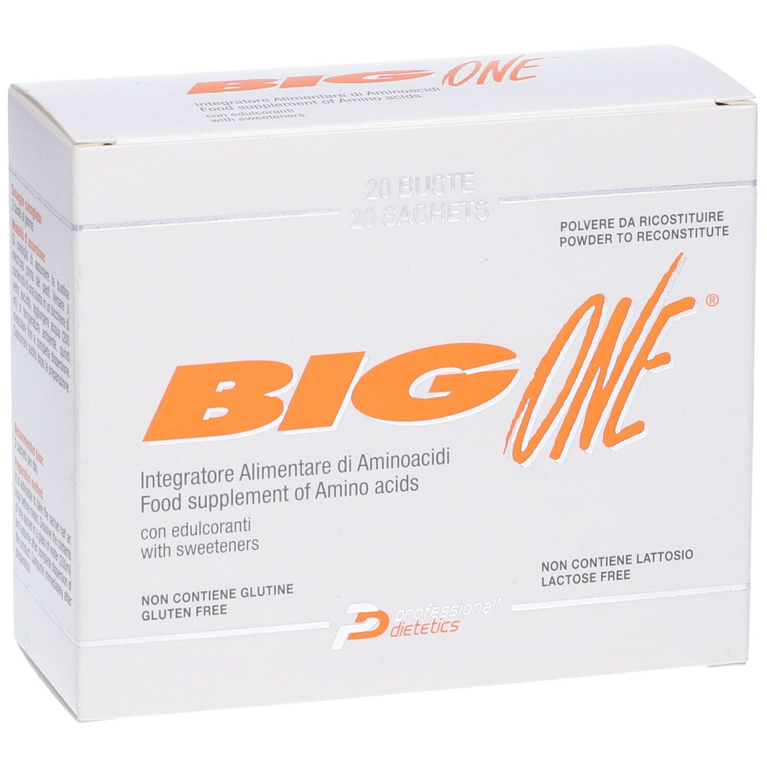 Scatola bianca con scritta arancione "BIG ONE" e testo. Contiene 20 bustine.