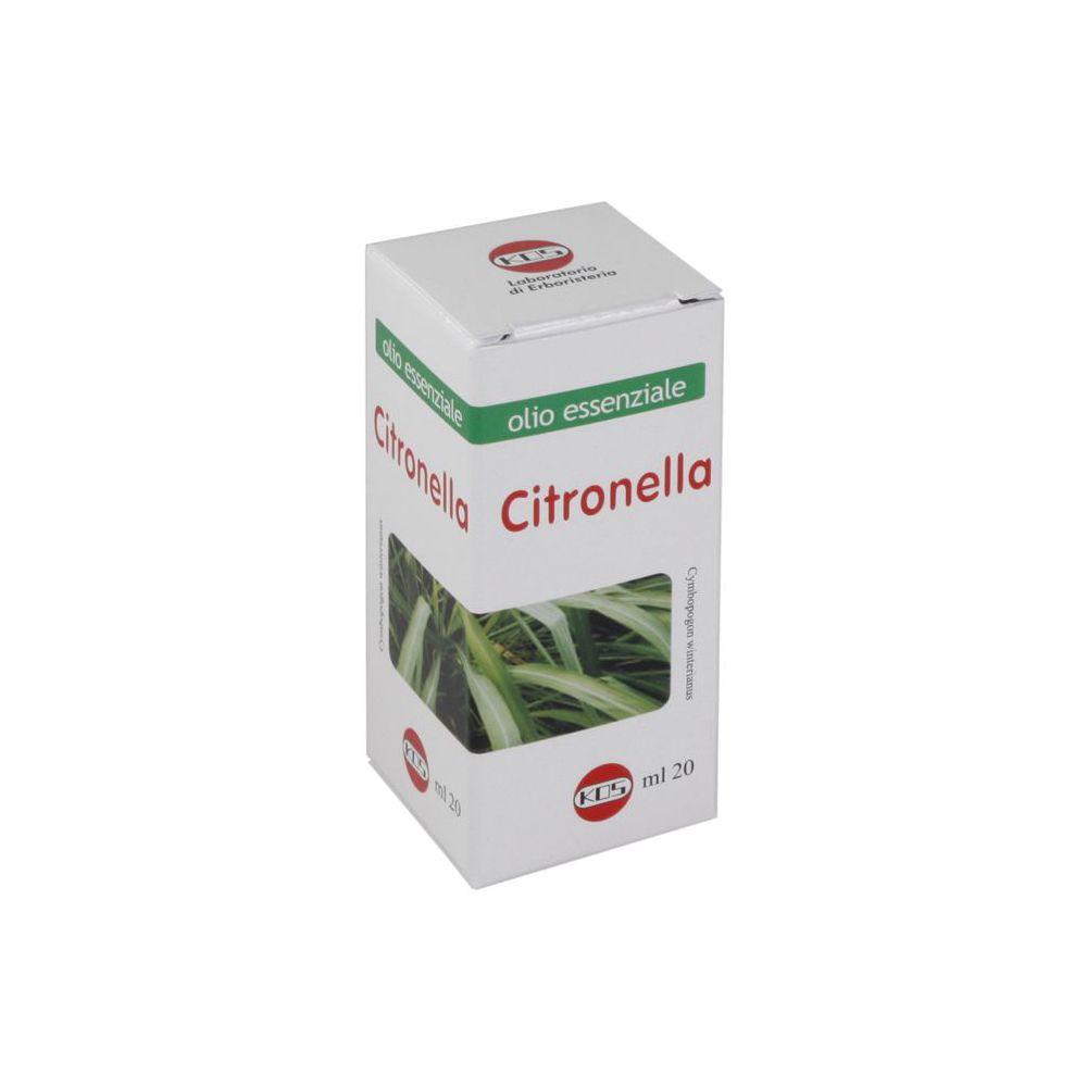 Scatola bianca con nome prodotto e immagine citronella. Logo KOS. Testo: Olio essenziale, ml 20.