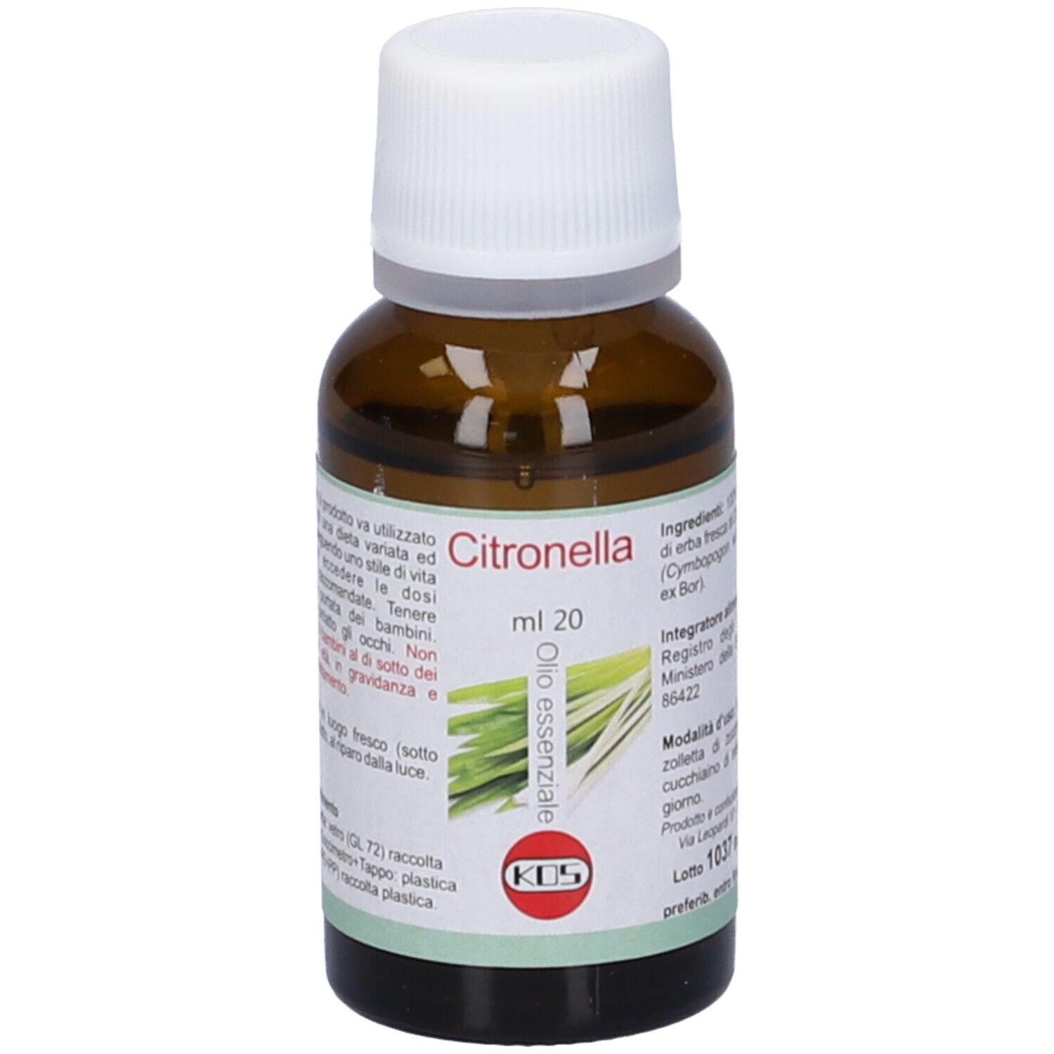 Flacone in vetro marrone con tappo bianco. Etichetta con nome prodotto e immagine citronella. Testo: ml 20, Olio essenziale.