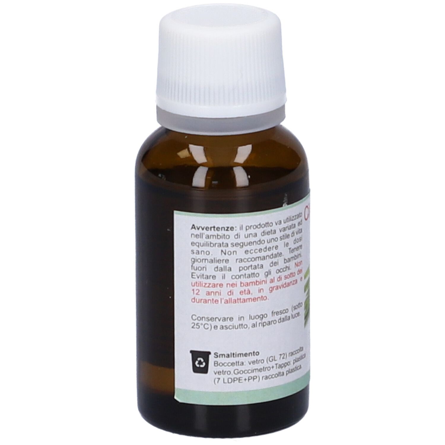 Flacone in vetro marrone con tappo bianco. Etichetta con testo. Testo: Avvertenze, Smaltimento, Conservare in luogo fresco.