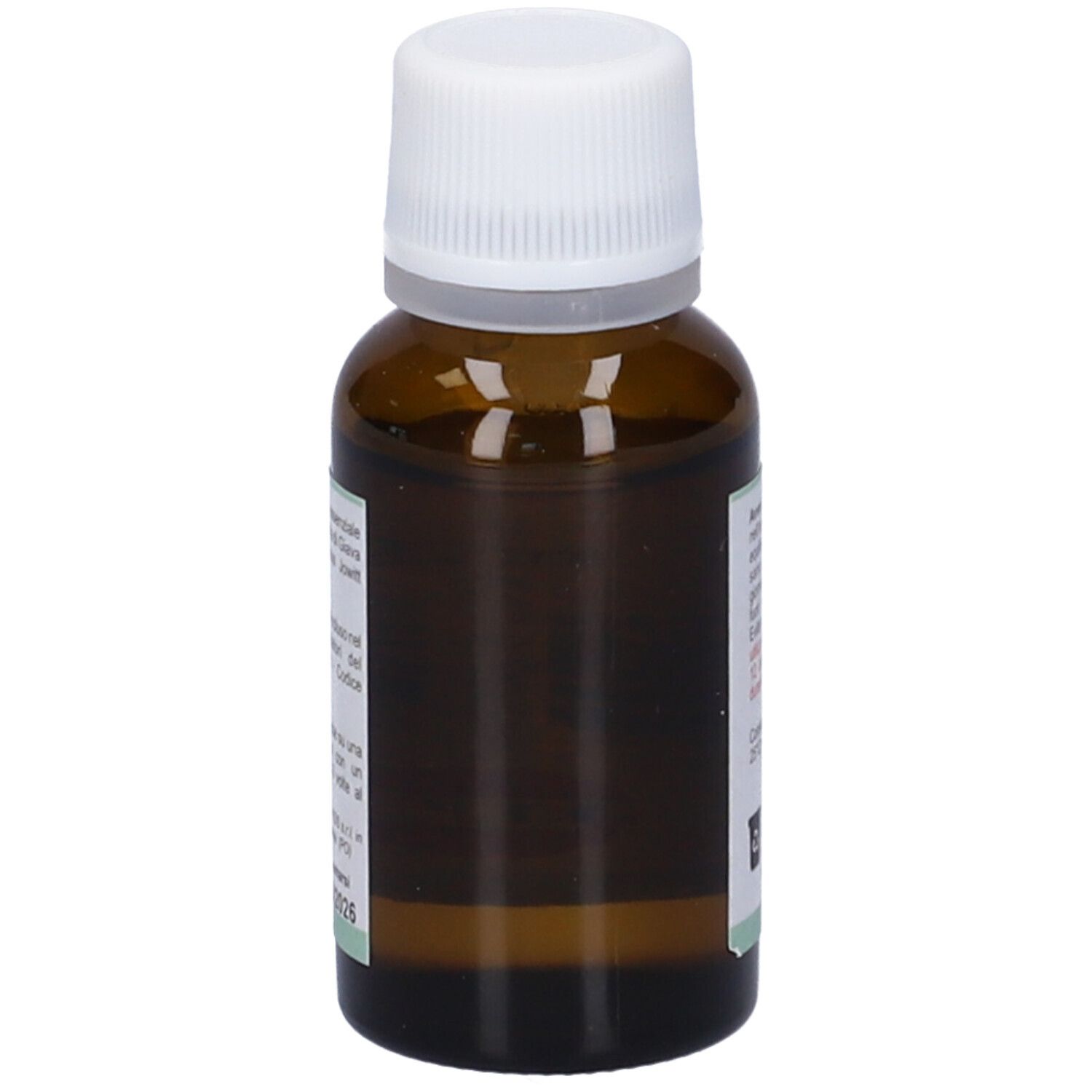 Flacone in vetro marrone con tappo bianco. Etichetta con testo. Testo: Avvertenze, Smaltimento, Conservare in luogo fresco.